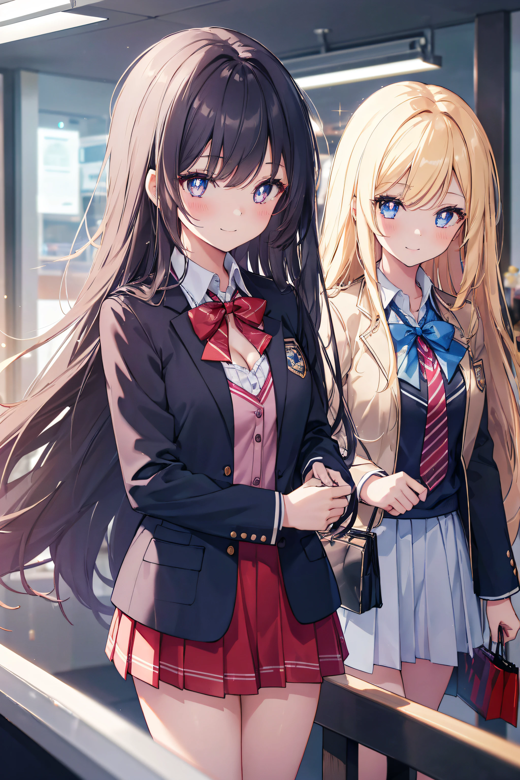 (2filles, cheveux longs élégants, Couleur, Yeux détaillés, Pupilles étincelantes, en forme d'étoile chez les pupilles), C-brest, clivage, fille adolescente, Uniforme scolaire, magasin, choisir des vêtements à acheter, à l'intérieur du magasin de vêtements, Souriant, bouche ouverte, Abus d’éruption de lentille, aberration chromatique, détail élevé, Anime, romantisme, sur l’art, profondeur de champ, Flou de mouvement, Lumière rougeoyante, grain du film, UHD, rétine, précis, Chef-dœudansre, anatomiquement correct, peau texturée, Super détail, high détails, de la haute qualité, Primé, meilleur qualité, Haute résolution, 16k