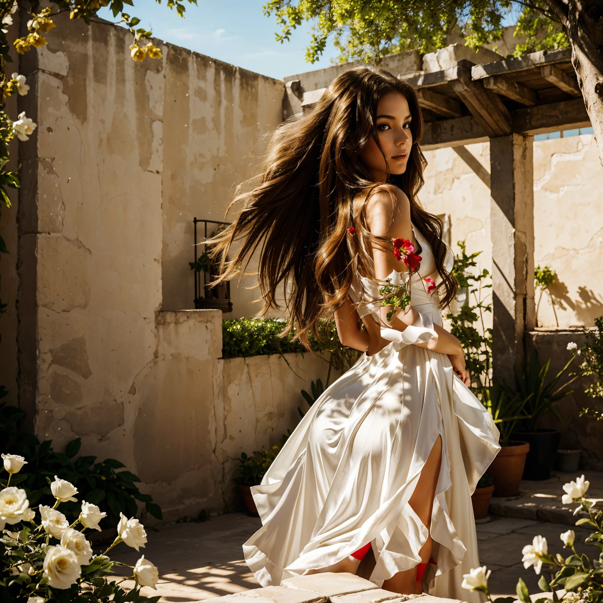 a girl with long, golden mane hair, voluminous chest, and smooth, hairless skin, posing seductively in a glamorous setting, with a white, flowing dress that accentuates her curves. The hair floats gracefully in the air, catching the light and creating an ethereal glow. The background is a garden filled with vibrant flowers, adding pops of color to the scene. The girl's eyes are mesmerizing, with a deep, intense gaze that captivates the viewer. Her lips are full and painted with a bold red color, adding a touch of sensuality. The overall image quality iest quality, highres), with ultra-detailed features that bring the girl to life. The artistic style is (realistic), capturing every minute detail of the girl's appearance. The color tone is warm and inviting, with a soft, golden hue that enhances the dreamy atmosphere. The lighting is natural and soft, illuminating the girl's figure with a gentle, flattering glow. (YES NSFW), knees_together_feet_apart, upskirt, sassi_di_matera, photorealistic seen from below, view from behind.