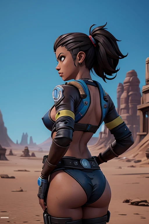 (((NSFW, sem roupas, pele escura))), (((NSFW, scientific fiction, pele escura, desenho de linha, aquarela))), with first person view high definition character art, personagem negra do jogo Borderlands, cabelo preto preso, First-person view, pronta para enfrentar seus inimigos, behind her a futuristic desert, personagem do jogo Borderlands. Esta imagem de alta qualidade, renderizada em 8K Ultra HD, mostra detalhes intrincados da cena. obra-prima aprimorada digitalmente ou pintada com requinte, scientific fiction, postura ativa, estilo de quadrinhos, post-apocalyptic fashion