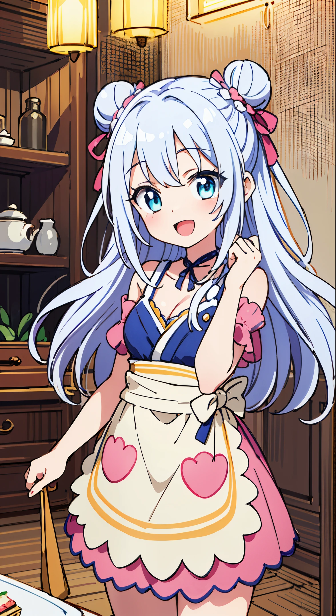 (masutepiece, Transparent air, Transparent eyes,Best Quality, Perfect Anatomy, High quality:1.4), absurderes, absolutely resolution, unbelievable Ridiculous, hight resolution, ultra-detailliert, Official art, Unity 8k壁纸, Kinetic typography,nice hand, Perfect hands, Detailed beautiful hands, Large_filesize, fulcolor, hight resolution, symmetric, exceptional, Best aesthetic, newest, Anime, very beautiful detailed body,The hair,faces,The eye, BREAK,  1 beautiful girl, 1girl in, (Cute:1.5),(Cool:0.8), (Beauty:1.5),(Chibi:0.5), (17 years old girl), (girl, Older sister, Unclear, Beautiful face of Japan:1.2) BREAK, (A detailed eye,Tsuriformes:1.2),(Silver hair,Long hair in a bun,Deco:1.8), Star eyes silhouette thick eyelashes, Double eyelids:1.2), cleavage,Swaying udder, Clear skin, Beautiful skin, Shy, Erect ,Clear skin, Beautiful skin, Shy, gleaming skin,(best quality face),(Top quality glowing eyes),(The best smile,:D:1.45) 

BREAK,Indoor, (Narrow waist), wide hips, polypropylene,(Happy,Smile:1.3), (((Cute Patchwork Quilt,kawaii room,Embroidery Accessories,)))(((Girly Goods,Cute Quilted Patchwork Toys,bow ribbon,Quilt Patchwork,basket))),

,BREAK,(((to stand))), In the garden, Daylight, Detailed background, The table,Showroom,tee,basket,bottles,butter,flower,a cake,food,hawke,] Knives,fruit,Cute glass teapot,raspberry,Fruit Pound Cake,fruitcake,Fruit tart,apple pie,daisy,veggies,......jar,vases,bottles,Leaves,Lemon cake,Lily_(flower),Apron,Kotaheko Address, (((((head-on))))),Waterfall,depth of fields,

 BREAK,wakame,wakame,wakame,(Cowboy Shot:1.4), 

BREAK,(Blurry background:1.3),(absurderes, hight resolution, Super Detail Art),cel shading,Clear Color, Lonely optical effect, Beautiful pictures, Bright glow, mystic atmosphere,(Close-up of girl:1.1), Mystical light particle effect,manga influence, clean line drawings,
