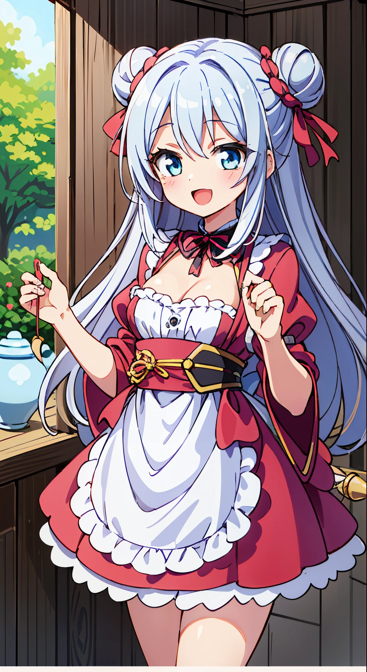 (masutepiece, Transparent air, Transparent eyes,Best Quality, Perfect Anatomy, High quality:1.4), absurderes, absolutely resolution, unbelievable Ridiculous, hight resolution, ultra-detailliert, Official art, Unity 8k壁纸, Kinetic typography,nice hand, Perfect hands, Detailed beautiful hands, Large_filesize, fulcolor, hight resolution, symmetric, exceptional, Best aesthetic, newest, Anime, very beautiful detailed body,The hair,faces,The eye, BREAK,  1 beautiful girl, 1girl in, (Cute:1.5),(Cool:0.8), (Beauty:1.5),(Chibi:0.5), (17 years old girl), (girl, Older sister, Unclear, Beautiful face of Japan:1.2) BREAK, (A detailed eye,Tsuriformes:1.2),(Silver hair,Long hair in a bun,Deco:1.8), Star eyes silhouette thick eyelashes, Double eyelids:1.2), cleavage,Swaying udder, Clear skin, Beautiful skin, Shy, Erect ,Clear skin, Beautiful skin, Shy, gleaming skin,(best quality face),(Top quality glowing eyes),(The best smile,:D:1.45) 

BREAK,Indoor, (Narrow waist), wide hips, polypropylene,(Happy,Smile:1.3), (((Cute Patchwork Quilt,kawaii room,Embroidery Accessories,)))(((Girly Goods,Cute Quilted Patchwork Toys,bow ribbon,Quilt Patchwork,basket))),

,BREAK,(((to stand))), In the garden, Daylight, Detailed background, The table,Showroom,tee,basket,bottles,butter,flower,a cake,food,hawke,] Knives,fruit,Cute glass teapot,raspberry,Fruit Pound Cake,fruitcake,Fruit tart,apple pie,daisy,veggies,......jar,vases,bottles,Leaves,Lemon cake,Lily_(flower),Apron,Kotaheko Address, (((((head-on))))),Waterfall,depth of fields,

 BREAK,wakame,wakame,wakame,(Cowboy Shot:1.4), 

BREAK,(Blurry background:1.3),(absurderes, hight resolution, Super Detail Art),cel shading,Clear Color, Lonely optical effect, Beautiful pictures, Bright glow, mystic atmosphere,(Close-up of girl:1.1), Mystical light particle effect,manga influence, clean line drawings,