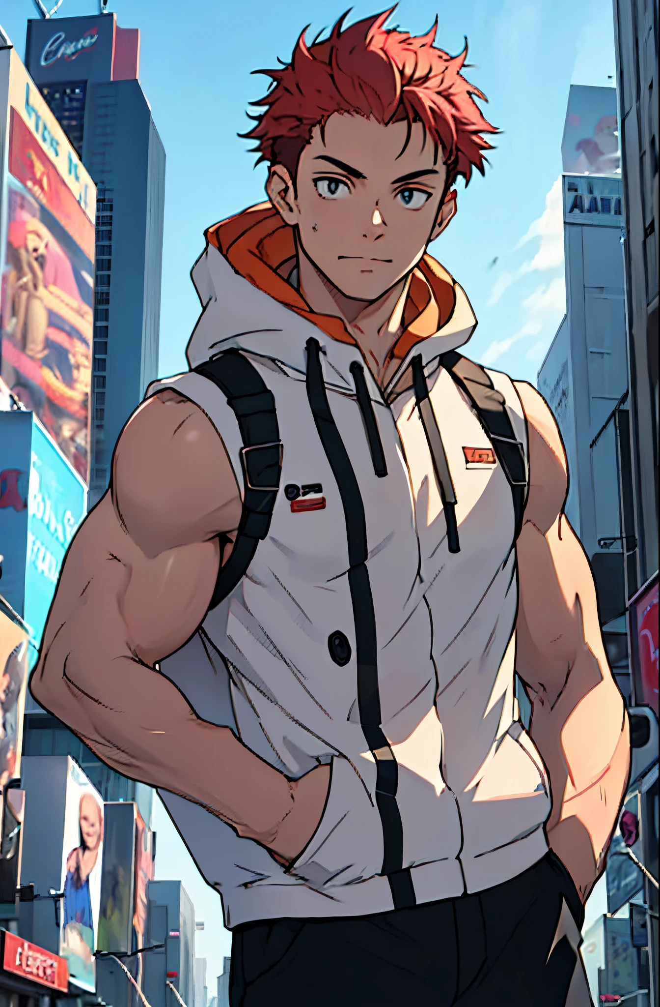 A mais alta qualidade, 8K, image high resolution, Detailed strokes, no meio de uma avenida movimentada estilo Times Square, inverno, apoiado em um dos postes, adolecente, Orange Hair , wearing a cold jacket sleeveless , slightly unbuttoned jacket showing a bit of his chest, masculo, chest a little tight in the jacket , (angulo de baixo), (perto da camernas definidas, defined arms, abdomen definido, sem camisa por baixo da jacket