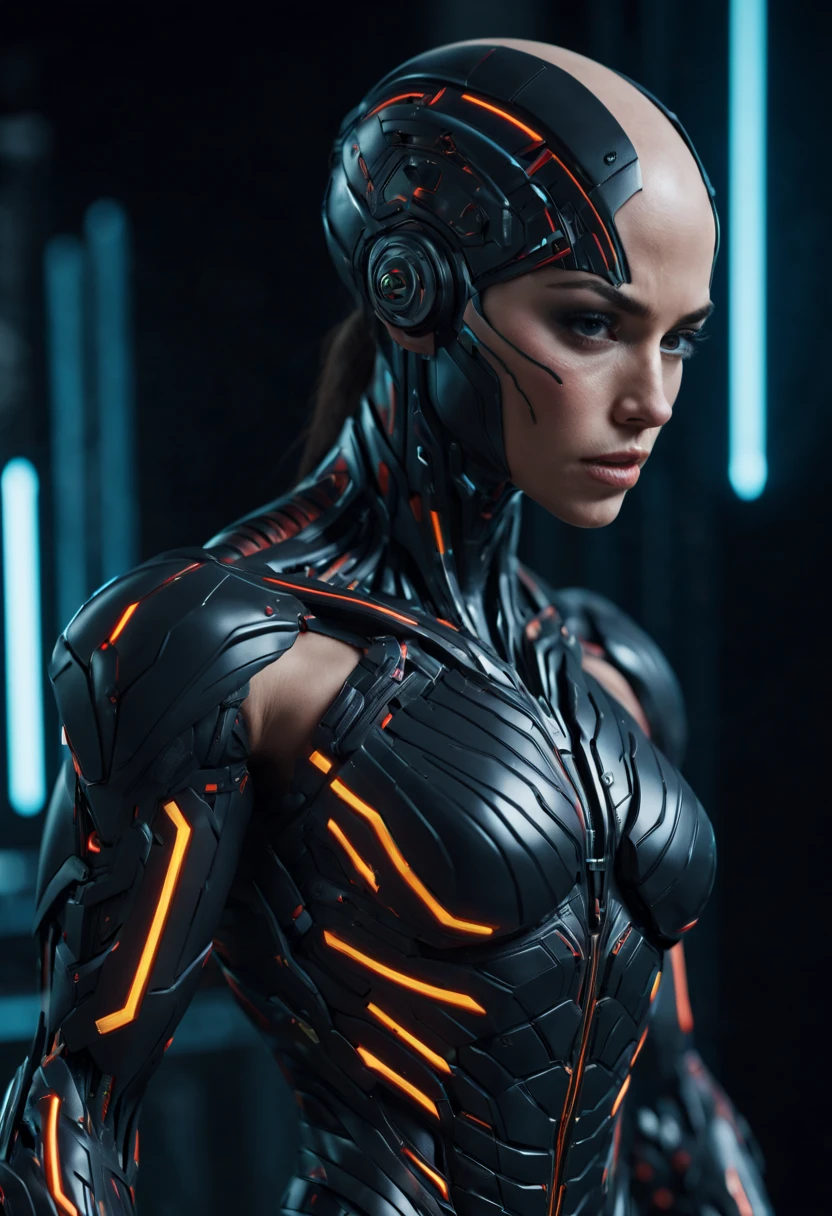 megan fox), Cinematic, hyper-detailed, black muscles with neon veins, perfect muscular anatomy of a bald super muscular female android girl. Beautiful color grading, enhancing the overall cinematic feel. Unreal Engine brings her anatomic cybernetic muscle suit to life, appearing even more mesmerizing. With the use of depth of field (DOF), every detail is focused and accentuated, drawing attention to her eyes and the intricate design of the anatomic cybernetic muscle suit . The image resolution is at its peak, utilizing super-resolution technology to ensure every pixel is perfect. Cinematic lighting enhances her aura, while anti-aliasing techniques like FXAA and TXAA keep the edges smooth and clean. Adding realism to the anatomic cybernetic muscle suit, RTX technology enables ray tracing. Additionally, SSAO (Screen Space Ambient Occlusion) gives depth and realism to the scene, the girl's anatomic cybernetic muscle suit become even more convincing. In the post-processing and post-production stages, tone mapping enhances the colors, creating a captivating visual experience. The integration of CGI (Computer-Generated Imagery) and VFX (Visual Effect brings out the anatomic cybernetic muscle suit's intricate features in a seamless manner. SFX (Sound Effects) complement the visual artistry, immersing the viewer further into this fantastic world. The level of detail is awe-inspiring, with intricate elements meticulously crafted, the artwork hyper maximalist and hyper-realistic. Volumetric effects add depth and dimension, and the photorealism is unparalleled. The image is rendered in 8K resolution, ensuring super-detailed visuals. The volumetric lightning adds a touch of magic, highlighting her beauty and the aura of her anatomic cybernetic muscle suit in an otherworldly way. High Dynamic Range (HDR) technology makes the colors pop, adding richness to the overall composition. Ultimately, this artwork presents an unreal portrayal of a super muscled cybernetic female android