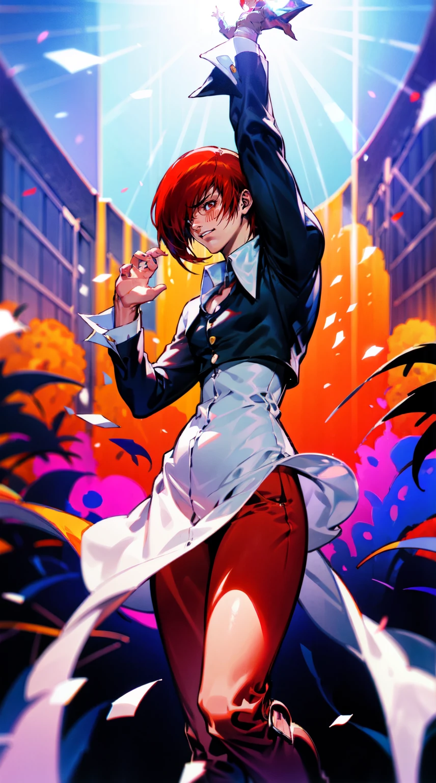 1man,solo,(iori Yagami)(La mejor calidad,4k,Altas Resoluciones:1.2),Ultra detallado,(realista:1.37),Estilo Darkstalkers,red themed lighting,arte pixelado detallado,ojos rojos,delineador negro,rasgos faciales agudos,sonrisa misteriosa,cuerpo cubierto de tatuajes intrincados,cabello rojo que fluye ferozmente ondeando al viento,chaleco de cuero negro que se ajusta perfectamente a su estructura musculosa,white nightgown fluttering around her,pantalones rojos abrazando sus piernas,zapatos negros brillando con un pulido elegante