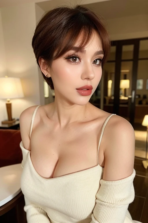 woman posing for a photo, (wearing off shoulder sweater), pixie cut, burgundy hair color, glam makeup, good hand,4k, high-res, masterpiece, best quality, head:1.3,((Hasselblad photography)), finely detailed skin, sharp focus, (cinematic lighting), collarbone, night, soft lighting, dynamic angle, [:(detailed face:1.2):0.2],(((5 stars hotel))), outside,