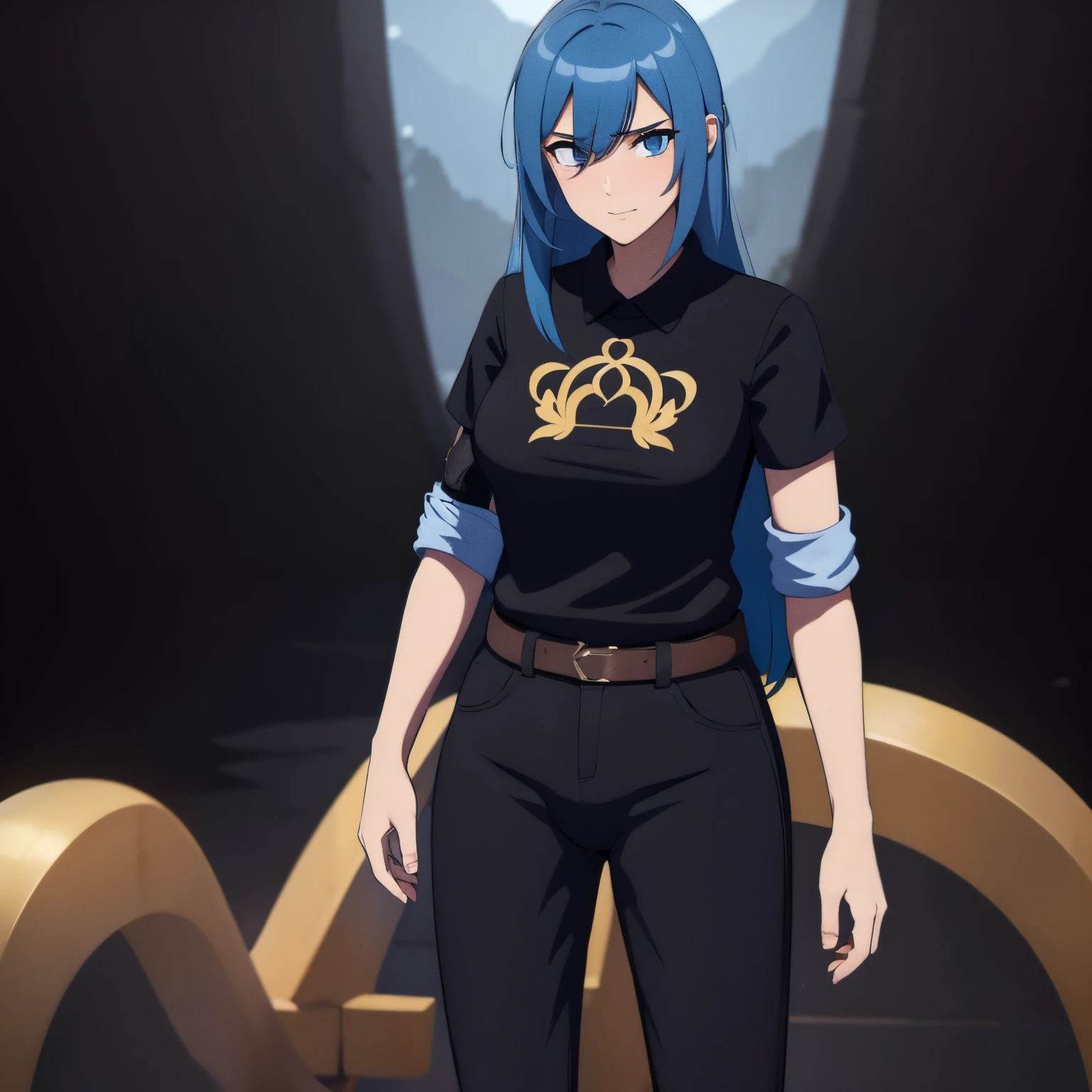 ember, ah high, lean, Feminine appearance, hairlong, dark blue hair color, long bangs cover the left half of the face, Yellow eyes, narrow eyes, A manly face, Shirt, bare breasts, Narrow waist, black pant