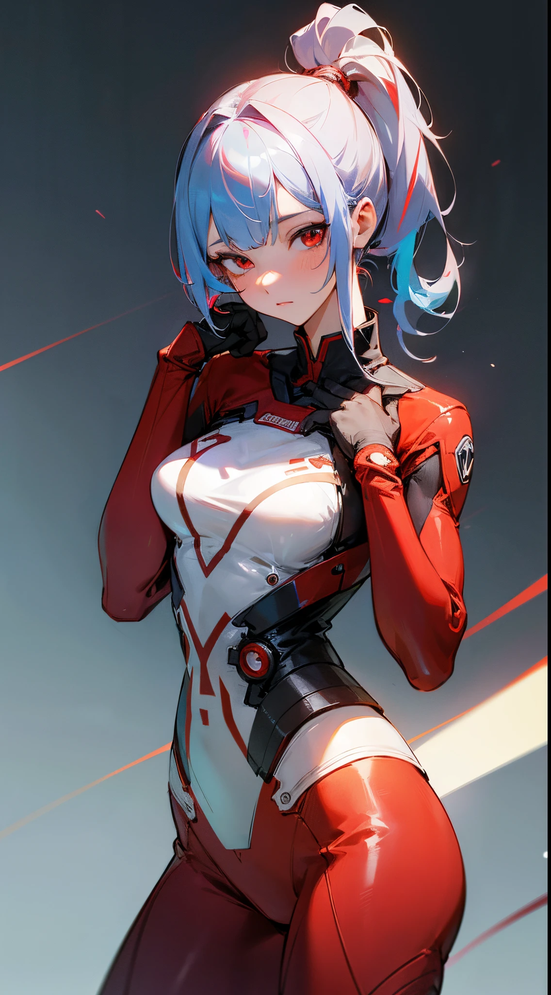 ((Girl 1, side ponytail, multi-colored hair, beautiful red eyes, calm features)) ((Red suit, single eye lens))،(Highly detailed CG,module,8K wallpapers)،(Very delicate and beautiful,)،(Top Jude) ،( high-resolution)،((Beautiful lighting, realistic shadow, high resolution, detailed skin, highly detailed, detailed faces and eyes, realistic eyes, cowboy shot))