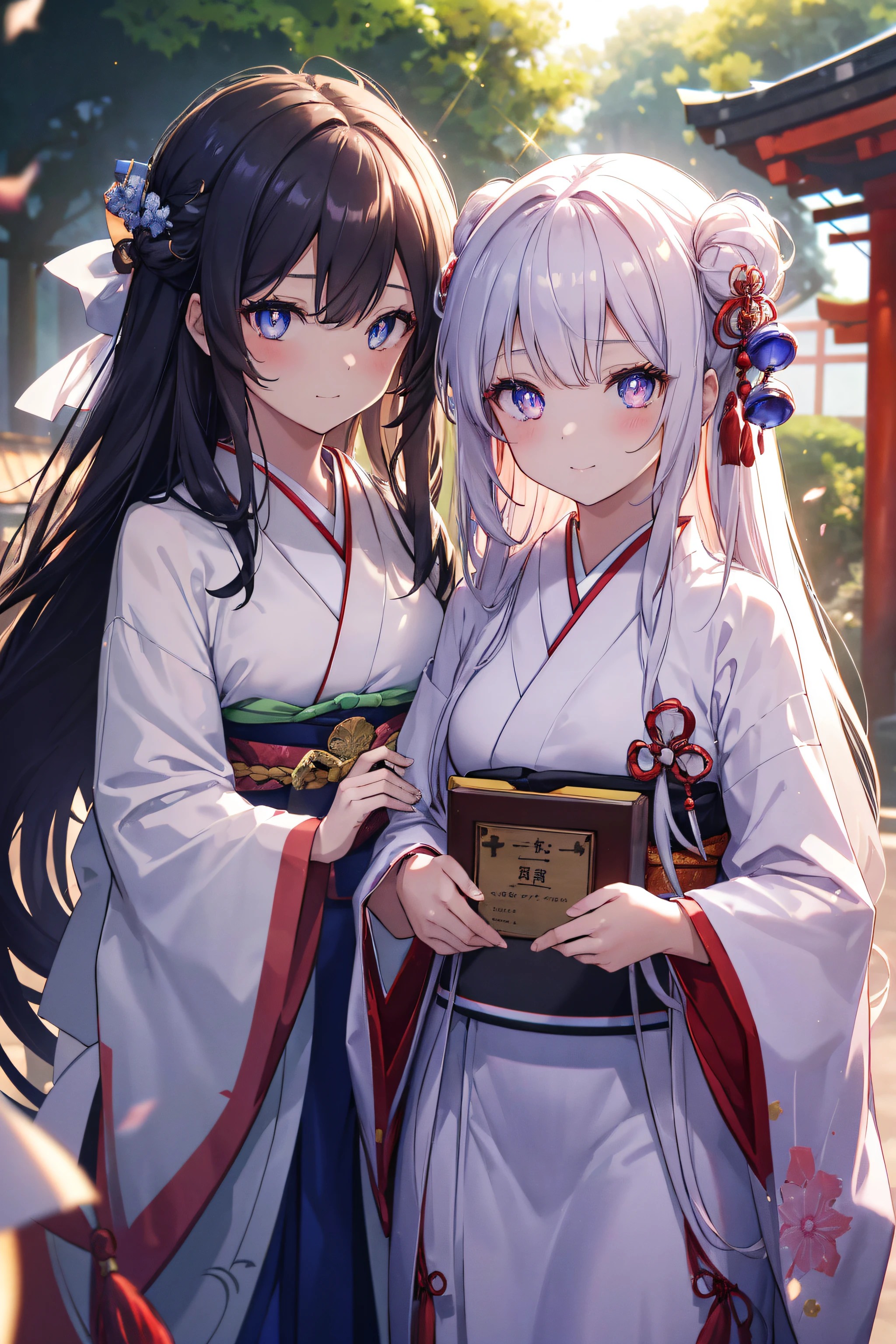 (2filles, cheveux longs élégants, Couleur, Yeux détaillés, Pupilles étincelantes), D-Brest, clivage, fille adolescente, Vêtements de jeune fille du sanctuaire, Sanctuaire japonais, jouer avec des chats, entouré de chats souriants, bouche ouverte, Abus d’éruption de lentille, aberration chromatique, détail élevé, Anime, romantisme, sur l’art, profondeur de champ, Flou de mouvement, Lumière rougeoyante, grain du film, UHD, rétine, précis, Chef-dœudansre, anatomiquement correct, peau texturée, Super détail, high détails, de la haute qualité, Primé, meilleur qualité, Haute résolution, 16k