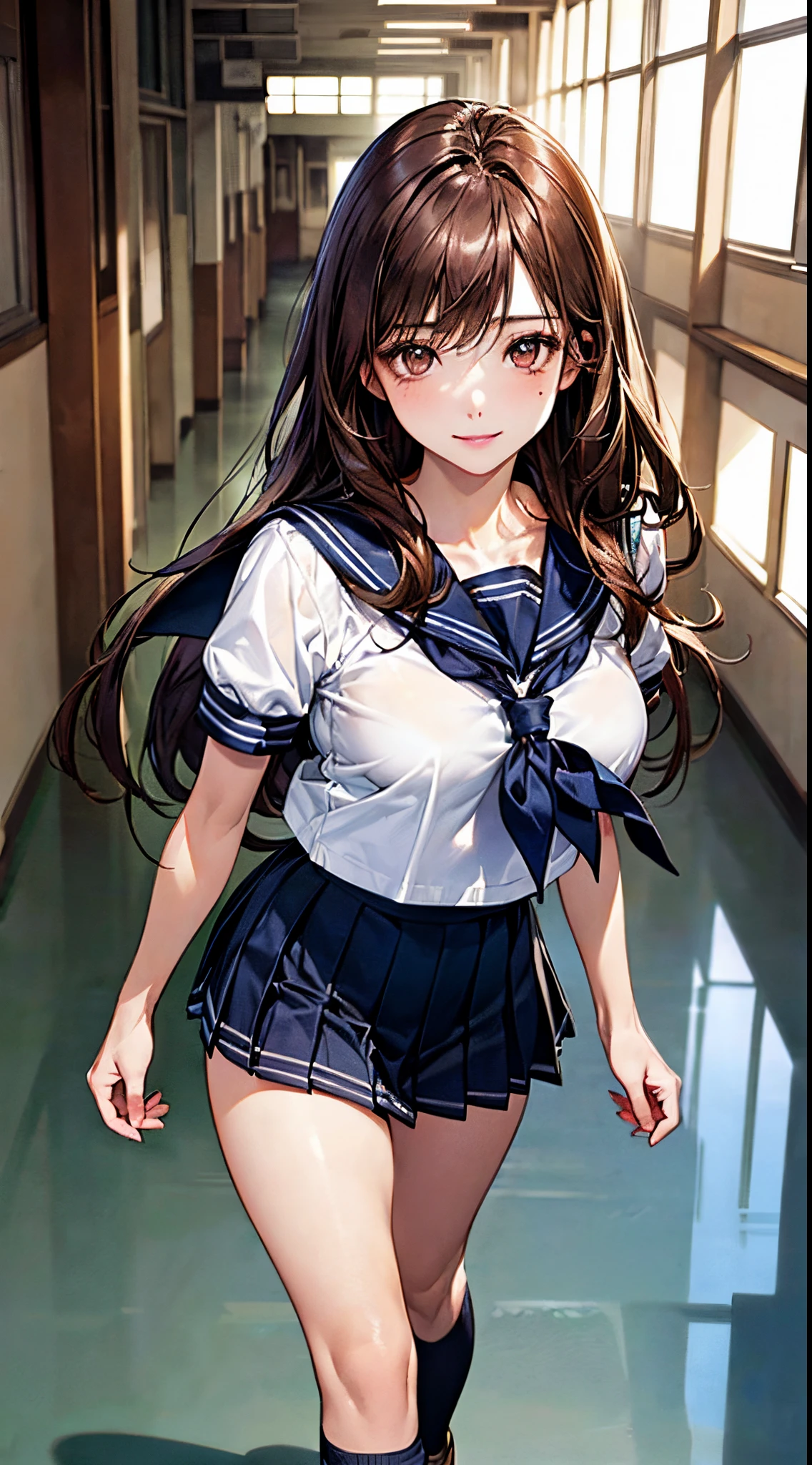 (((perfect anatomy, anatomically correct, super detailed skin))), 1 girl, japanese, high school girl, from front, shiny skin, watching the viewer, 
detailed hair, detailed face, detailed eyes, (long hair:1.5, brunette hair:1.7), bangs, hair between eye, light brown hair, brown eyes, babyface, mole under eye, lip gloss, 
beautiful clavicle, beautiful body, beautiful breasts, large breasts:0.5, beautiful thighs, beautiful legs, camel toe, 
((detailed cloth texture, short sleeves, all dark blue cute sailor suit, dark blue pleated skirt, dark blue sailor collar, red sailor scarf, white socks, brown loafers)), white panties, seductive thighs, 
(beautiful scenery), summer, school hallway, smile, walking, 
(8k, top quality, masterpiece​:1.2, extremely detailed), (realistic, photorealistic:1.4), beautiful illustration, natural lighting,