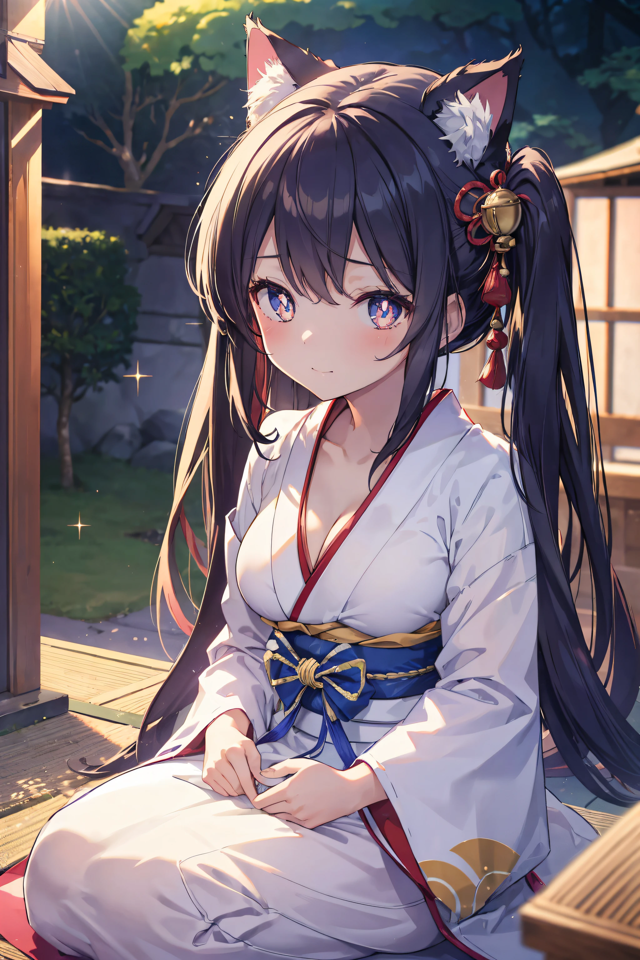 (2filles, cheveux longs élégants, Couleur, Yeux détaillés, Pupilles étincelantes), D-Brest, clivage, fille adolescente, Vêtements de jeune fille du sanctuaire, Sanctuaire japonais, jouer avec des chats, entouré de chats souriants, bouche ouverte, Abus d’éruption de lentille, aberration chromatique, détail élevé, Anime, romantisme, sur l’art, profondeur de champ, Flou de mouvement, Lumière rougeoyante, grain du film, UHD, rétine, précis, Chef-dœudansre, anatomiquement correct, peau texturée, Super détail, high détails, de la haute qualité, Primé, meilleur qualité, Haute résolution, 16k