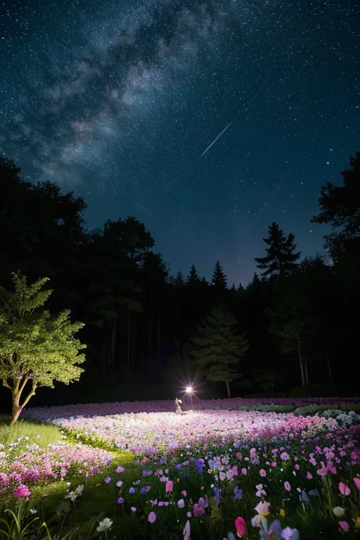 In a mysterious forest，Hidden one。The stars shine in the garden at night，Reflecting the charming moonlight。Bees fly among the flowers，Collecting precious nectar。Flowers in the garden emit a variety of bright colors and enchanting fragrances，It's like a colorful picture。The whole scene is full of tranquility and vitality，Makes you feel like you are in a fairy tale world。