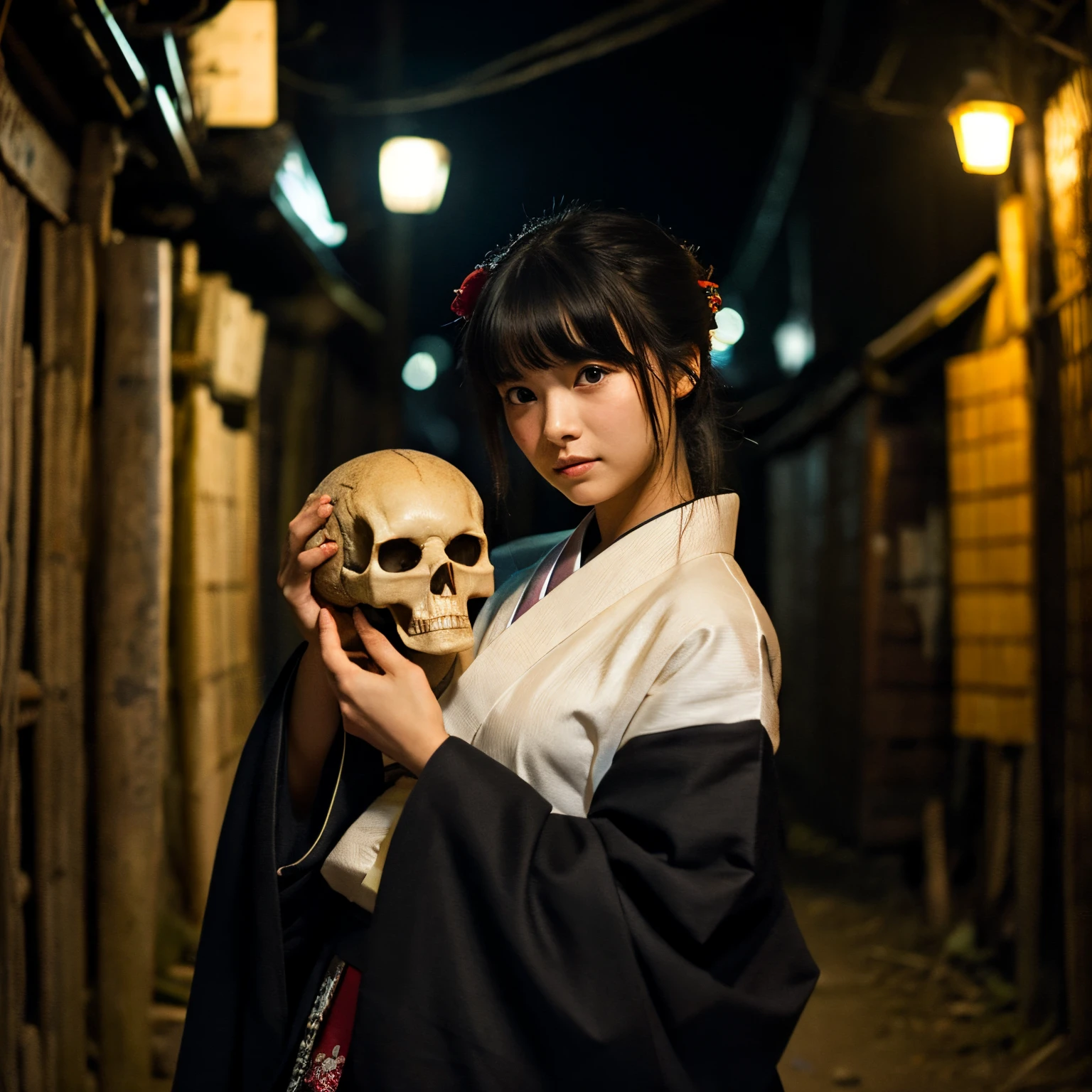 A young woman in a kimono, cradling a skull, looks at me in a dark, narrow alley.