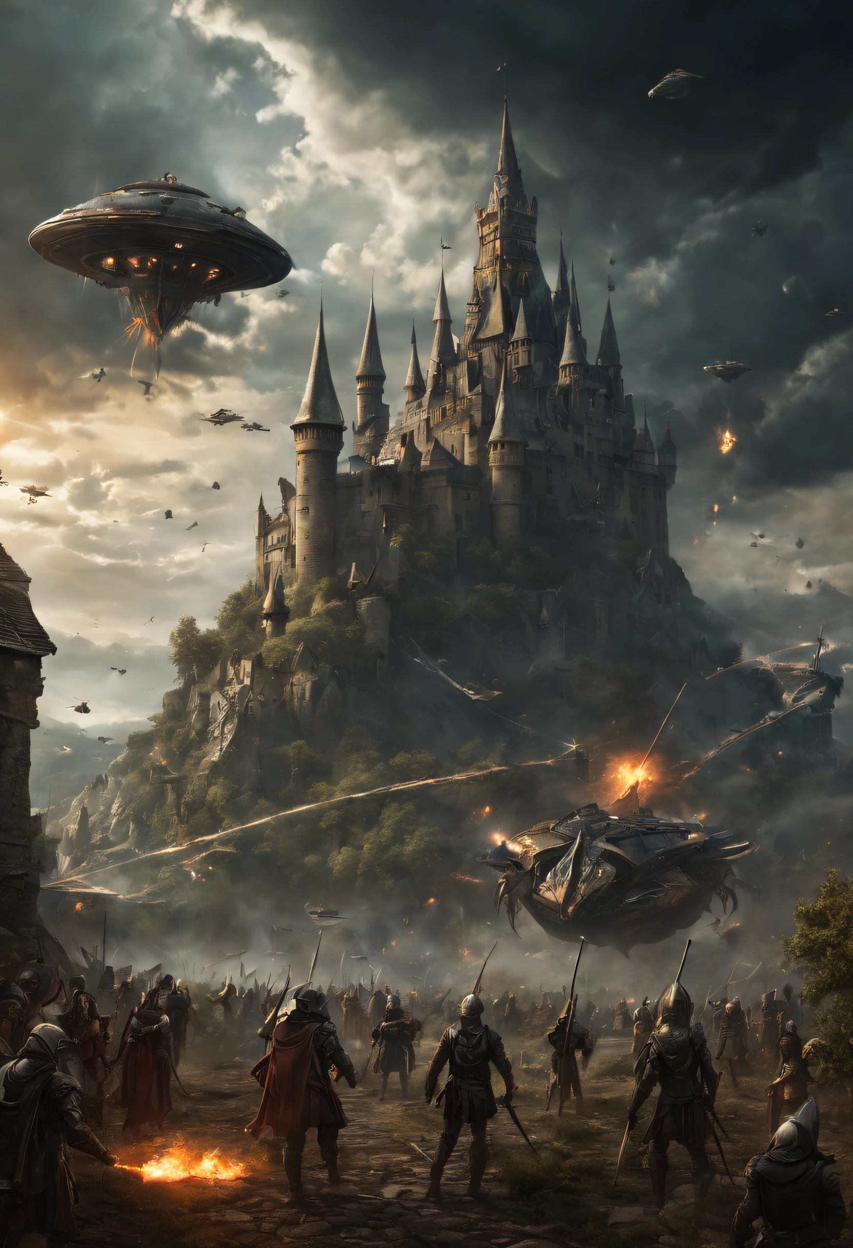 best quality,ultra-detailed,medieval kingdom invaded by alien ship,castle on a hill surrounded by lush greenery,dark stormy sky over the kingdom,medieval soldiers defending the kingdom,shining armor and swords,giant alien spaceship hovering above the castle,beams of light shooting from the spaceship,terrified villagers running for their lives,medieval architecture and buildings destroyed by the alien attack,alien creatures with otherworldly features,powerful energy shields protecting the spaceship,chaotic battle scene,fire and smoke engulfing the kingdom,alien technology contrasting with medieval elements in the scene,eerie atmosphere,ominous presence of the alien ship,clash of futuristic and medieval aesthetics,imposing and imposing spaceship dominating the sky,sense of urgency and danger,widespread destruction as the kingdom fights for survival,desperate battle between the medieval forces and the extraterrestrial invaders,medieval flags and banners waving in the wind,atmospheric lighting highlighting the tension and drama of the invasion,alien technology blending with the natural landscape,blazing fire caused by the alien weapons,majestic castle being defended by brave warriors,alien ship emitting a menacing glow,medieval kingdom's last stand against the alien threat,epic clash of two completely different worlds,medieval flag held high as a symbol of resistance,alien invasion threatening the tranquility of the kingdom,medieval architecture providing a stunning backdrop for the battle,alien ship casting a mysterious shadow over the land.