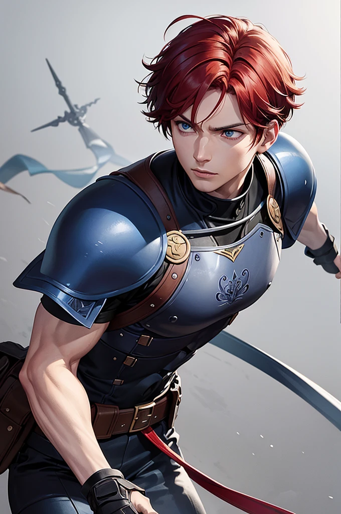 Male, 30 years old, beautiful short red hair, blue eyes, perfect figure. The face is perfect, the warrior is fierce and brutal. The illustration is in the middle of a war. The details of the image are clear and beautiful. Light and shadow are clear. The details of clothing and body are clear. It's a high-quality, detailed 4K artwork.