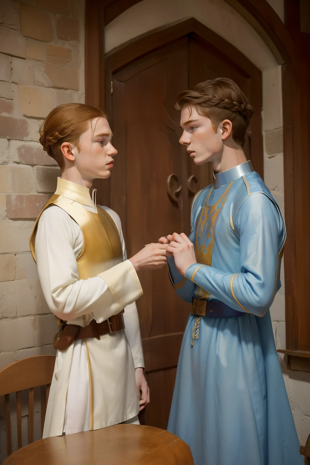 1136, Earlcastle, England. otherworldly scene in a clastle outside patio, ((((15-year-old)) Levi Miller)), abusing ((((12-year-old)) Cameron Monaghan)), fighting, arguing, height difference, ((((poor plain tunic from the 12th century)))), ((Hairstyle of the 12th century)), ((Wes Anderson cinematic style)), colorful