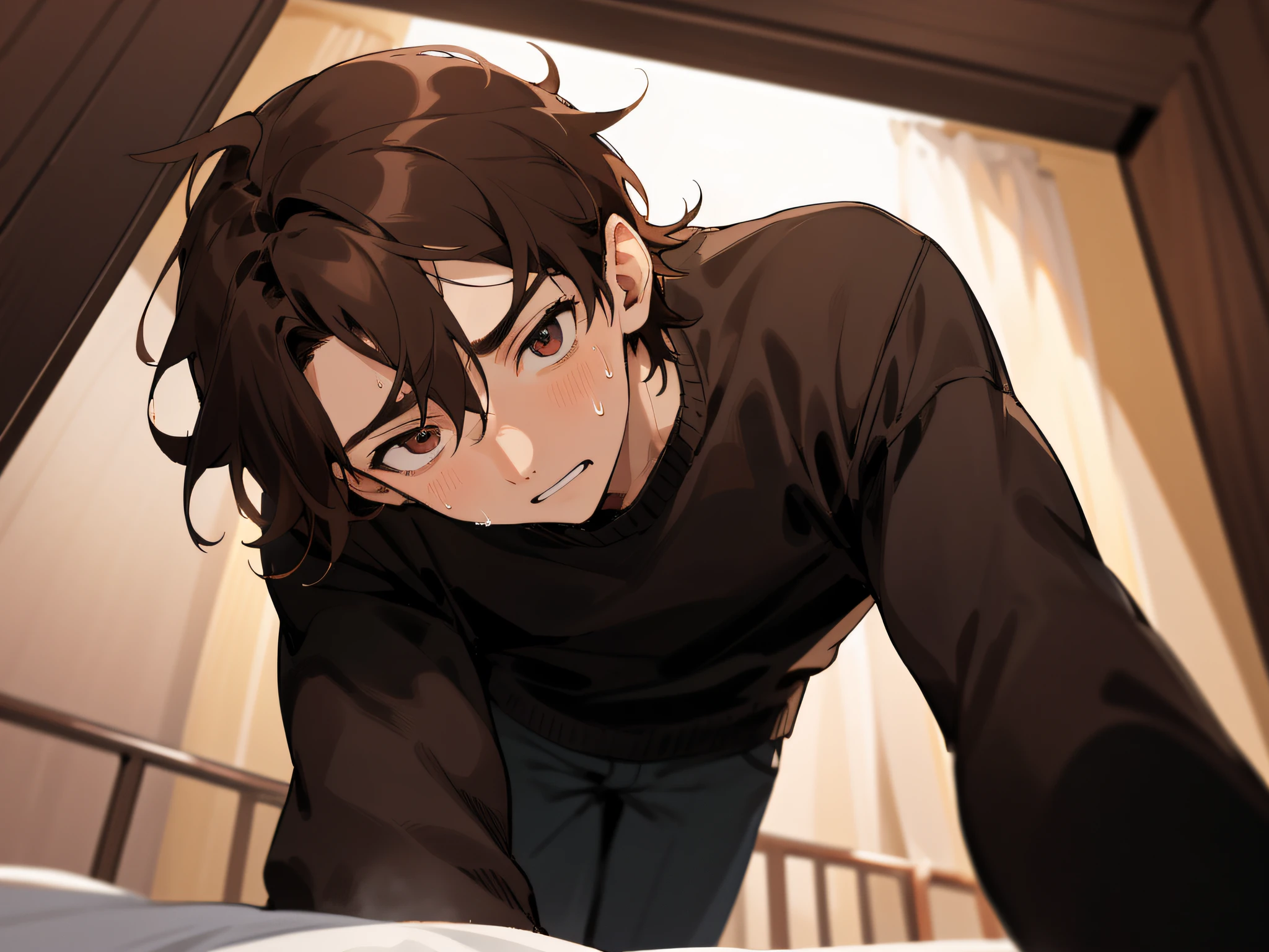 (Background night),male people, 26 years old,1 male,Adults,Brown hair、Black sweater,eyes are brown,Angle from below,close up of face,Push your audience down,get on board,Sweating,Impatient expression,Background Hotel,a bed,up on the face