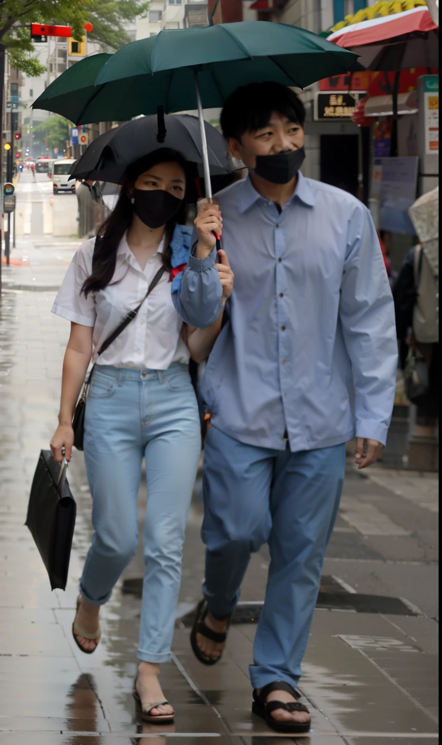 They were walking down the street with umbrellas in their hands,