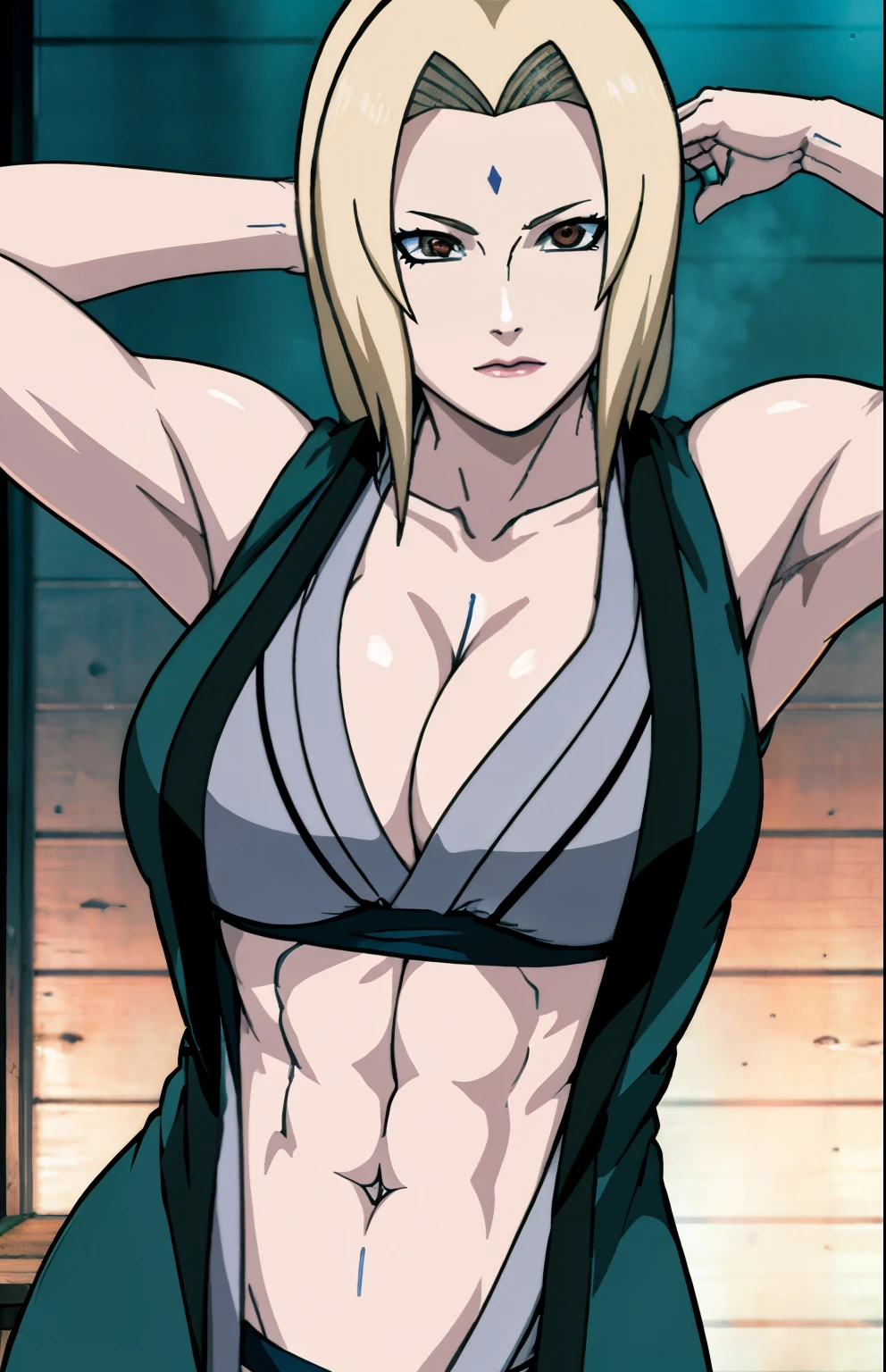 Tsunade, sports bra, detailed navel, strong woman, powerful muscles, confident expression, vibrant colors, dynamic lighting, realistic painting style, high resolution, ultra-detailed, HDR.