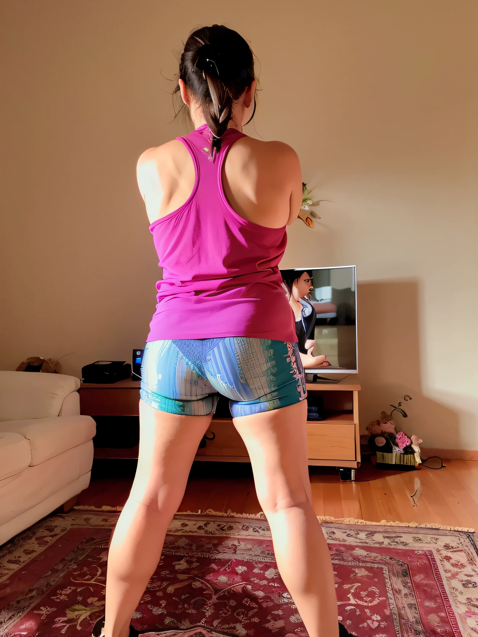 there's a woman who's playing video games in the living room, from the back, tiro traseiro centralizado de corpo inteiro, back pose, Costas - Pneu, from the back, Backview, back facing the camera, view of the back, Tiroteio costeiro, tiro longo de costas, tiro longo das costas, tiro nas costas, seen from back, tiro traseiro