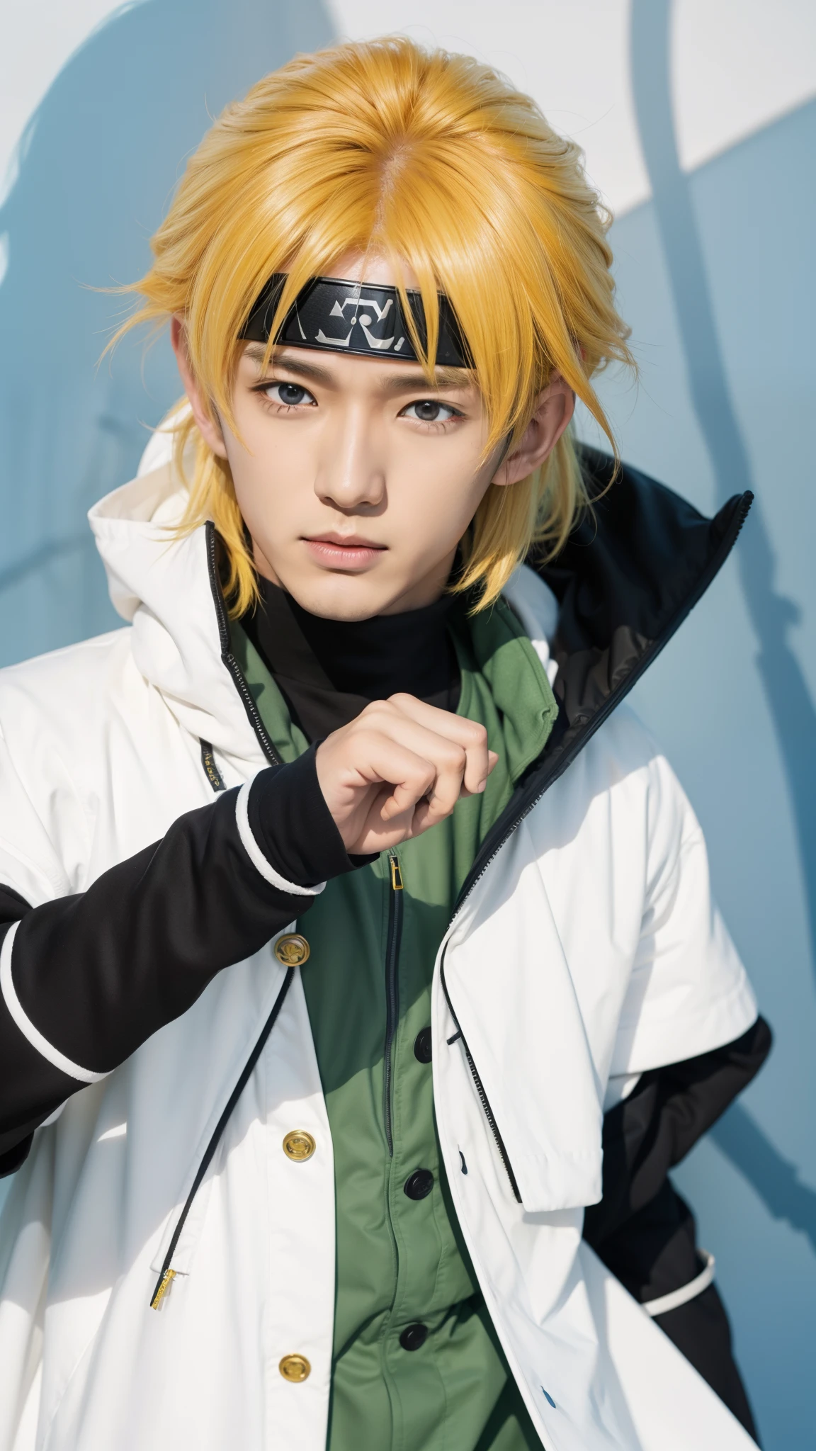 Real life adaption of this character,his name is Minato Namikaze from anime Naruto,handsome handsome face,realistic yellow messy hair,realistic outfit with white cloak,realistic light,realistic shadow,realistic background,(photorealistic:1.2),realistic hand