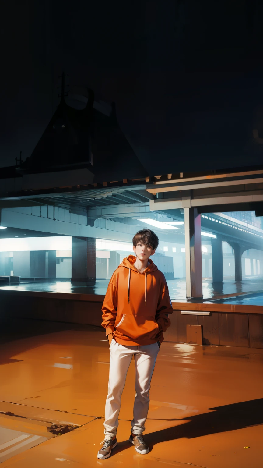 Masterpiece, high quality, best quality, HD, realistic, perfect lighting, detailed body, 1 man, black eyes, orange hoodie