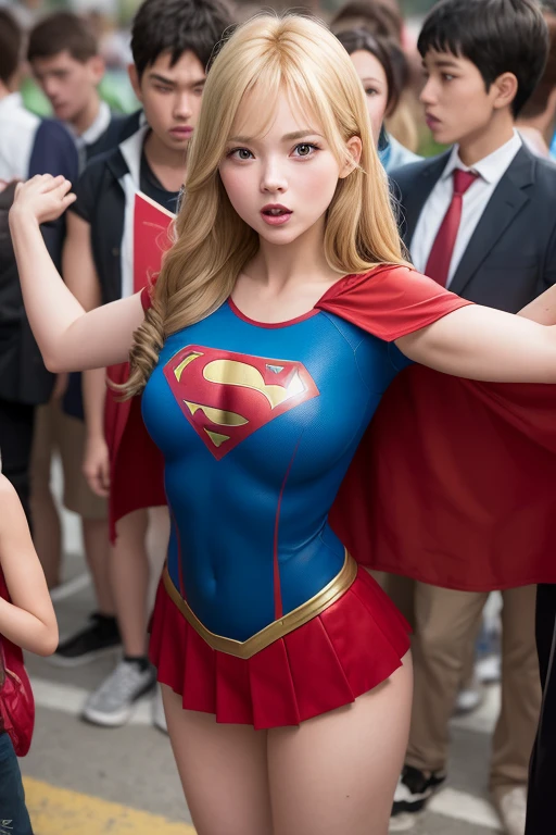 ( tall Supergirl:1.1) blond,Blue tights, Red skirt, Red cape, Red high heeled boots, (Superman Symbol on Chest:1.5), Bare legs, huge tit, Plump crotch, Fitness model, Ruddy cheeks, perspire, Sweaty, The whole body is soaked with clothes, Wheezing, Mouth open, Reveal a shy and nervous expression, cleavage, Stand on a crowded school bus, Caught by a group of small boys grabbing her breasts, A crowd of boys stared at her intently, A lot of male arms, POV hands, assisted exposure, pulled by another, lifted by another, undressing another, Catch, Pulling, clothes pull, bra pull, Shirt pull, was raped, ((Pumping through clothing:1.5)), ((She was held from behind by a small boy 9 :1.5)), ((She was grabbed by the chest by a large group of school boys :1.5)), ((The boys presses his chest against the woman's back 1)), ((She was grabbed by a large group of young smaller boys on the buttocks:1.5)), ((very large crowd of school smaller boys around her:1.5)), ((The crowd was all nine yearodyesbian