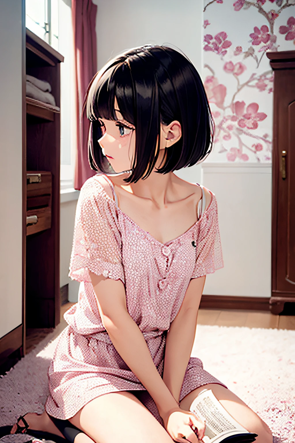 {{{{{{Girl sitting on a chair and reading a girl manga}}}}}}、A dark-haired、Black eye、Bob cut hairstyle with even ends、Cut the bangs parallel to each other、 Girly plain clothes、tiny chest、Pounding face、red tide、 {{{{{{Background is a girl's room}}}}}}、floral pink wallpaper、White carpet、Clean room、new furniture、hight resolution、Unity 8k壁纸、Professional、extra detailed face、Perfect Lighting、 extremely details CG、(Perfect hands、Perfect Anatomy)、Serious girl、Quiet girl