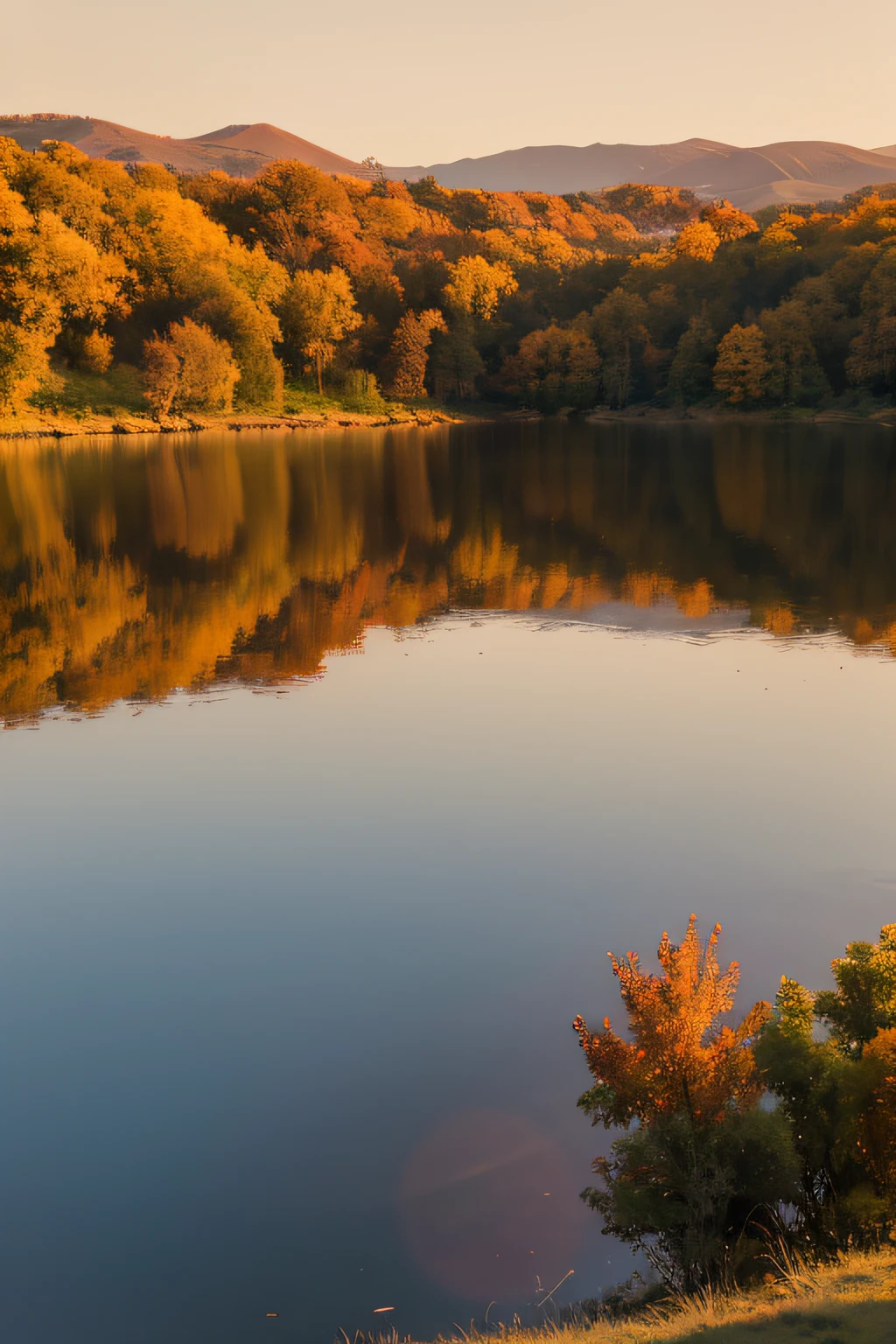 Peaceful lake,The lake reflects orange-red light under the golden sunset,Surrounded by mountains,People walk,Peaceful atmosphere at night,Draw one,Adopt oil painting style,Highlight the warmth and depth of color,