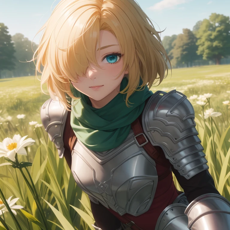 (({{masterpiece,best quality,ultra-detailed}}))  1girl, grass field,flower,wariza,looking at viewer,blonde short hair, armor, red hair band, breastplate,shoulder armor, bangs , (armor bootoots ,, green scarf ,armored boots,upper body, hair over one eye ,hair over one eye ,blue eyes ,gloves ,holding ,pantyhose ,