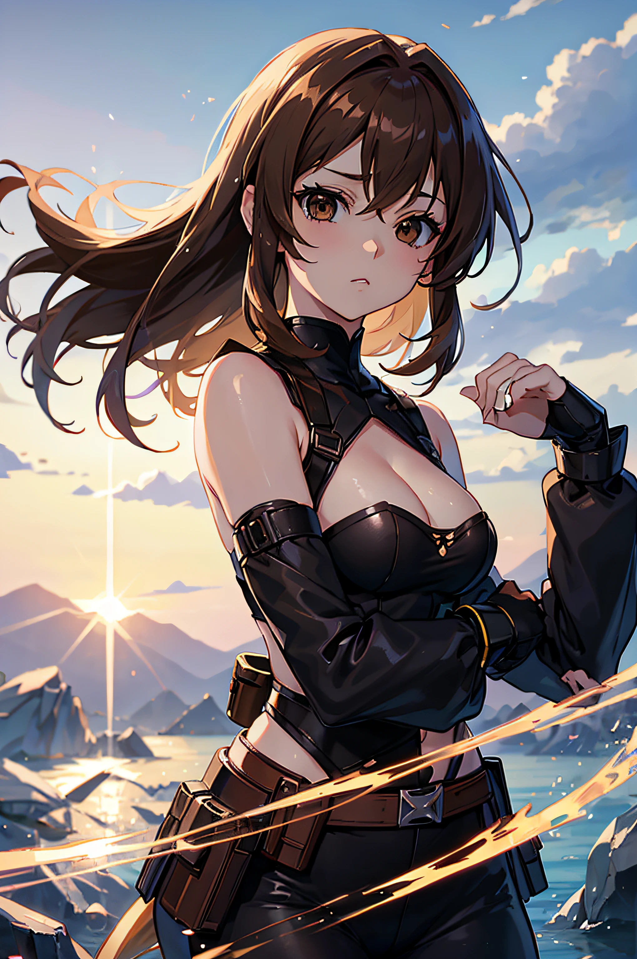 Anime Girl, Mercenary, brown hairs, brown eyes, 4k, ultra high quality, masterpiece, perfect body, beautiful face, best quality