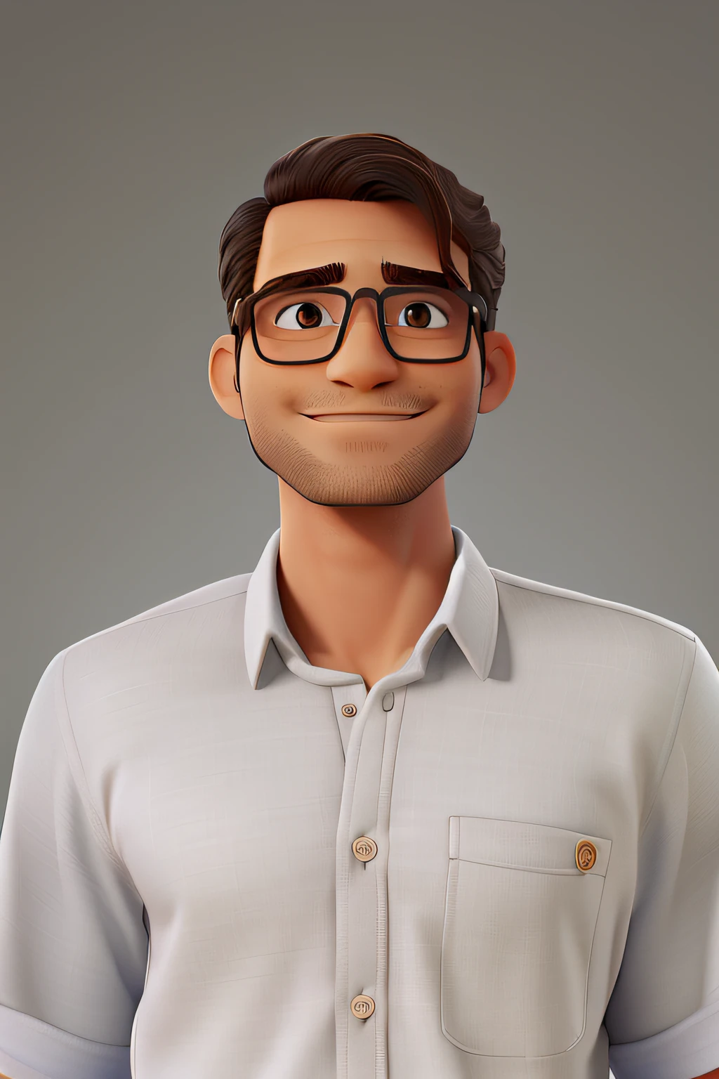 Um homem alto, magro, cabelo escuro, With eye Glasses, usando uma camisa branca