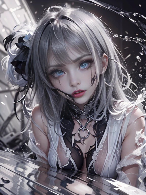 For a bruise-free face、年轻、Clear skin、slick skin、russian vampire、close up of face、Mouth wide open、Black and white、sluttish,barechested.Symetrical, artistic, close up, all her clothes are torn,,dystopian、gotik、Gothic lolita、 destruction, eyes focus, , Exposed skin,, Split black and white,with sublevel rack,Eroded by darkness and light,dynamicposes、Symetrical、}}}}, {{{Hyper Detailed}}}, {{{hight resolution}}}, {{Good anatomy}}, (((Best Quality))), ((Very delicately beautiful)), {{Very meticulous、Delicate}}, {8k cg wallpaper}, {{illustratio}}, (color background grayscale:1.1), Ray traching, Background bokeh, black backgrounds, (Splash ink:1.3), 1girl in , Solo,, blanche、Symetrical, artistic, close up, all her clothes are torn, , , Exposed skin,,, , Split black and white