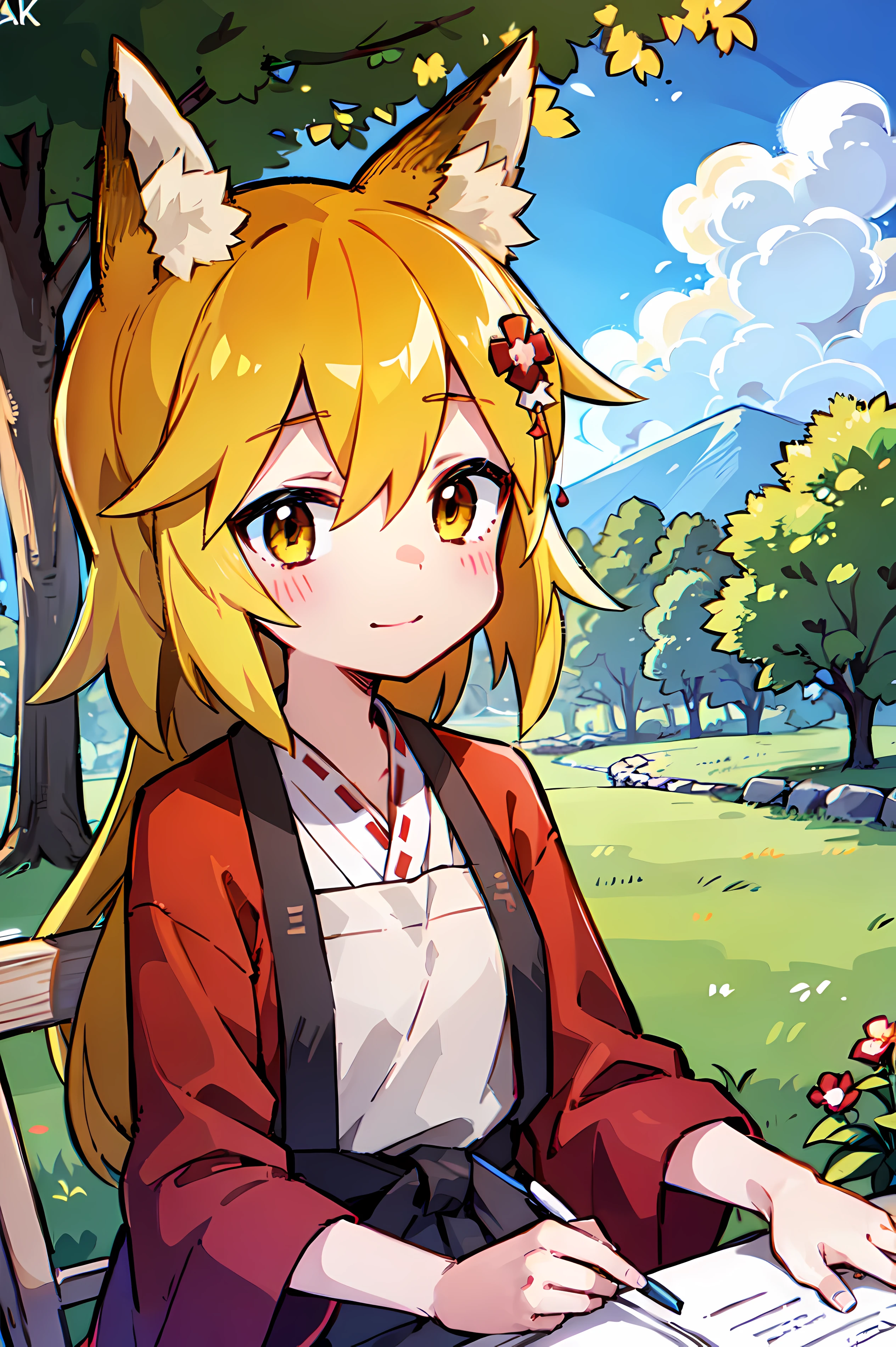 A  girl, Fox ears, 4K Image, flowers of different colors, field, Beautiful trees, Maximum details, village, at home, Beautiful cloud