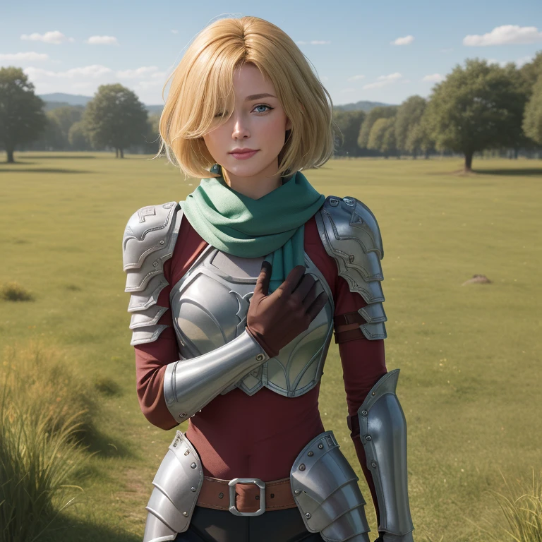 (({{masterpiece,best quality,ultra-detailed}}))  1girl, grass field,flower,wariza,looking at viewer,blonde short hair, armor, red hair band, breastplate,shoulder armor, bangs , (armor bootoots ,, green scarf ,armored boots,upper body, hair over one eye ,hair over one eye ,blue eyes ,gloves ,holding ,pantyhose ,