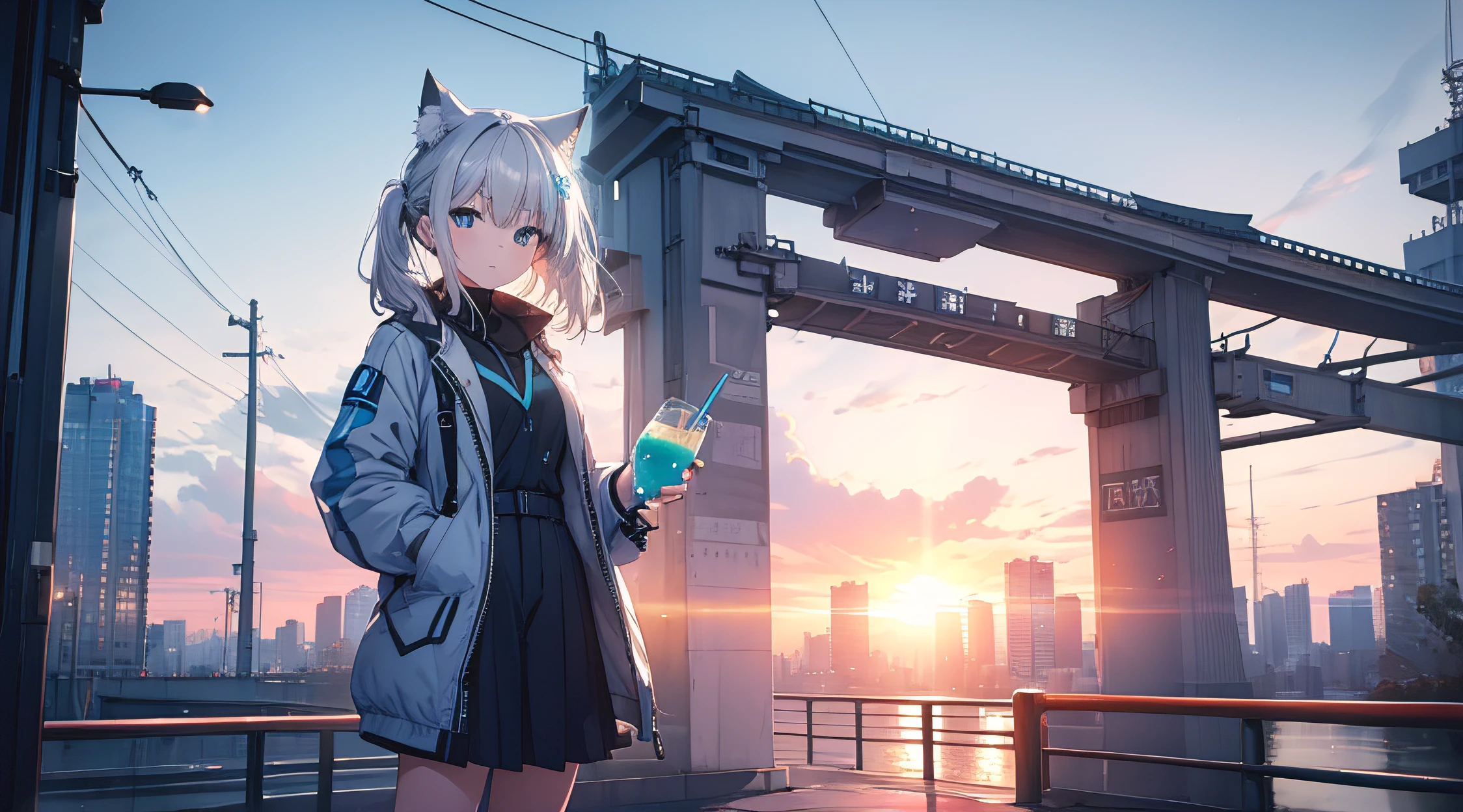 ((best quality)), ((masterpiece)), (detailed), perfect face, 1girl, solo, shiroko, blue archive, outdoor, city, solo background, empty streets, tokyo city, afternoon time, glaring sunset, holding drink, white hair, blue eyes, cat ears, (Intricate details:1.3),(Ultra-detailed:1.3),(Sharp focus:1.3),(Natural lighting:1.05), Best quality,8K wallpaper, full body, standing, same height camera view, detailed beautiful face,