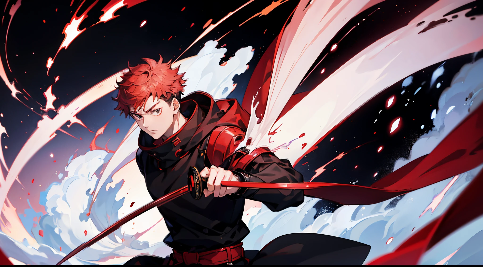 Anime, Boy, Short red hair with a gradient visible on the sides and hair styled back, Bright red eyes, Black hoodie and over a Japanese haori with a red storm pattern, with a katana attached to the belt , flame effects on the sectors.