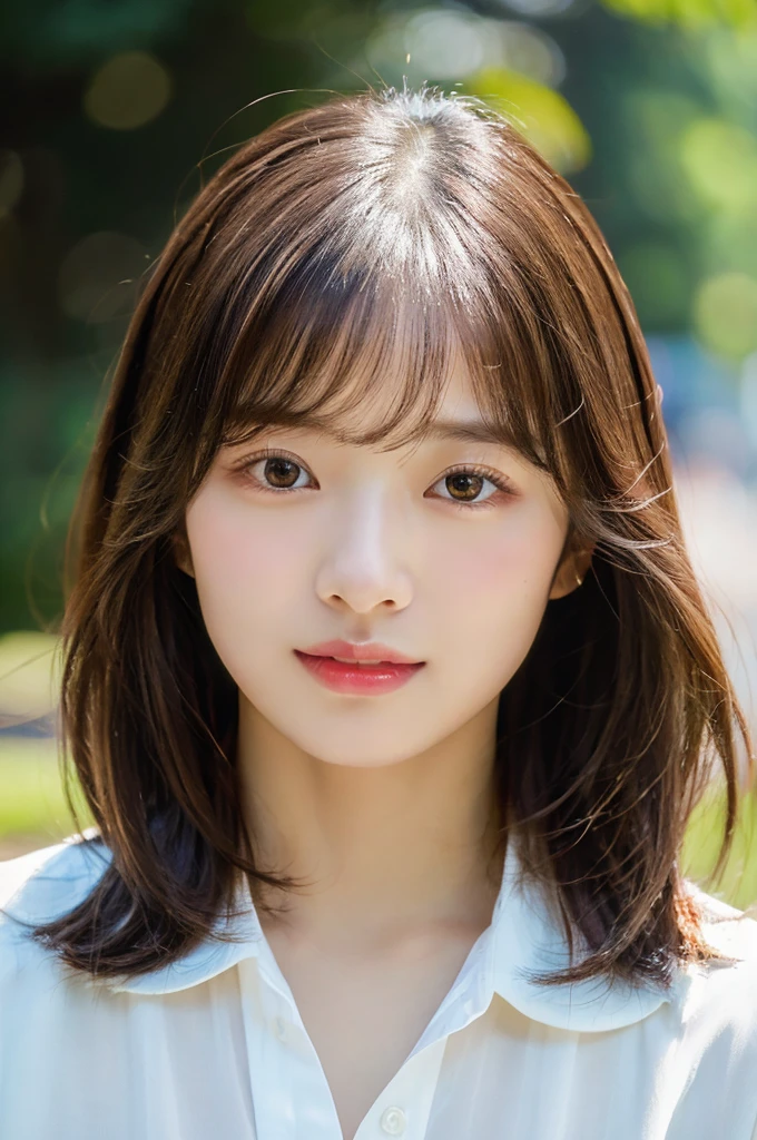 ((Beautiful and shiny、Very well-maintained straight long hair,Nogizaka46 Idol,17-year-old female,))、plein air, 独奏,top-quality、The ultra -The high-definition、Bansho&#39;s droppings:1.3) ((kawaii:1.3))、((sixteen years old)) White shirt　decolletage　Natural color lips　(Lori)  Sense of cleanliness　pure　Half-open lips