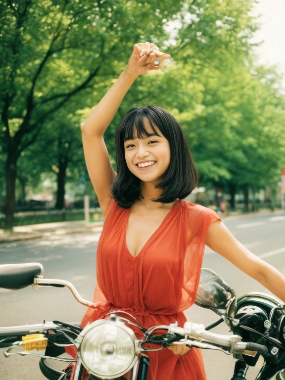 Full shot of a black haired indian womanwith a big smile and big boobs driving a bike, realistic light, dynamic pose, shot on kodak gold 400