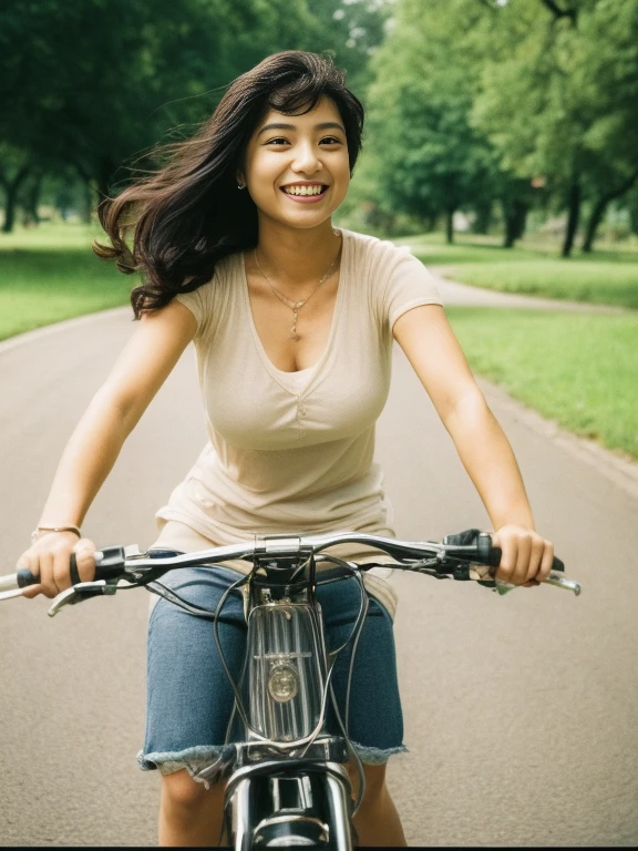 Full shot of a black haired indian womanwith a big smile and big boobs driving a bike, realistic light, dynamic pose, shot on kodak gold 400