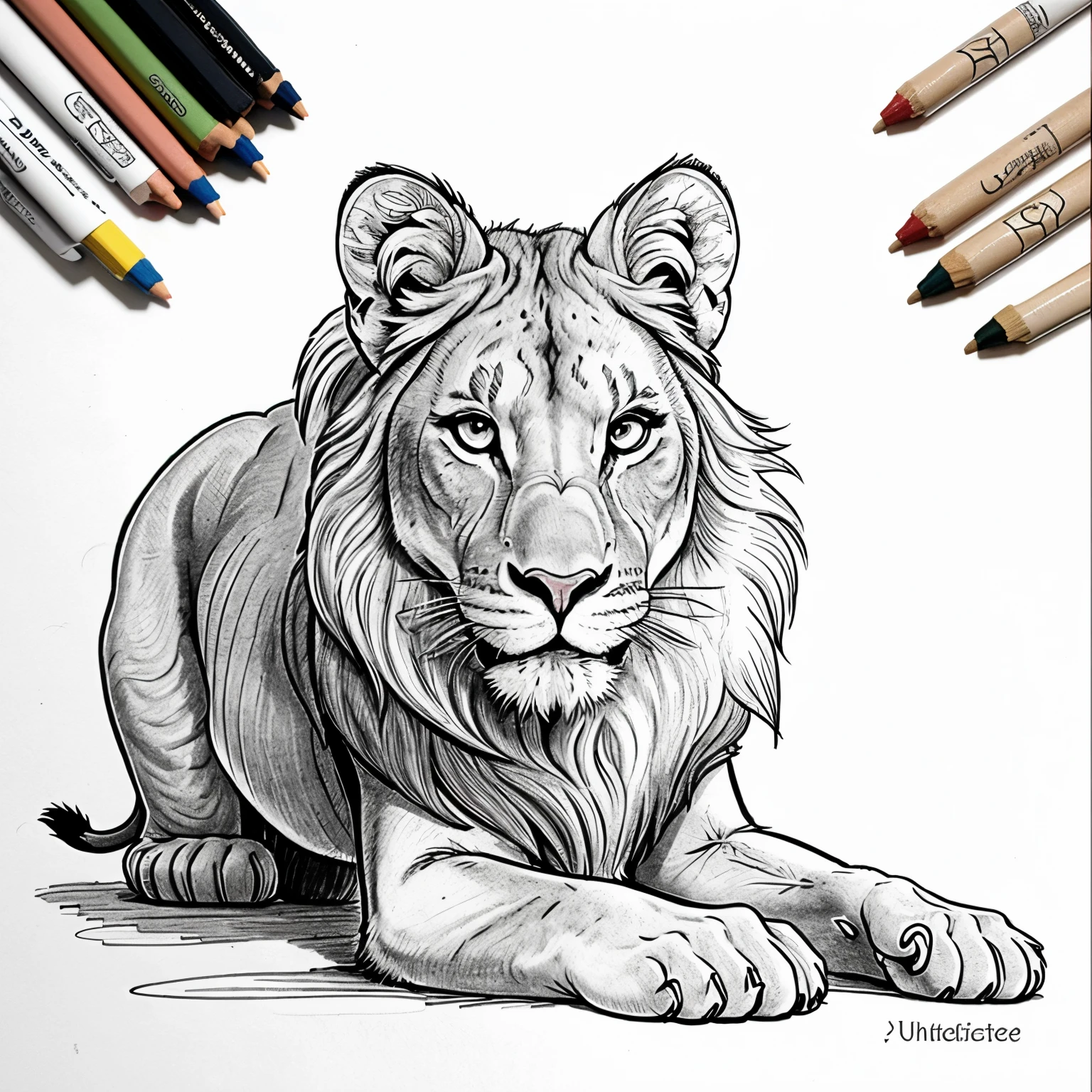 A cartoon drawing of a lioness for a coloring book, that is, uncoloured
