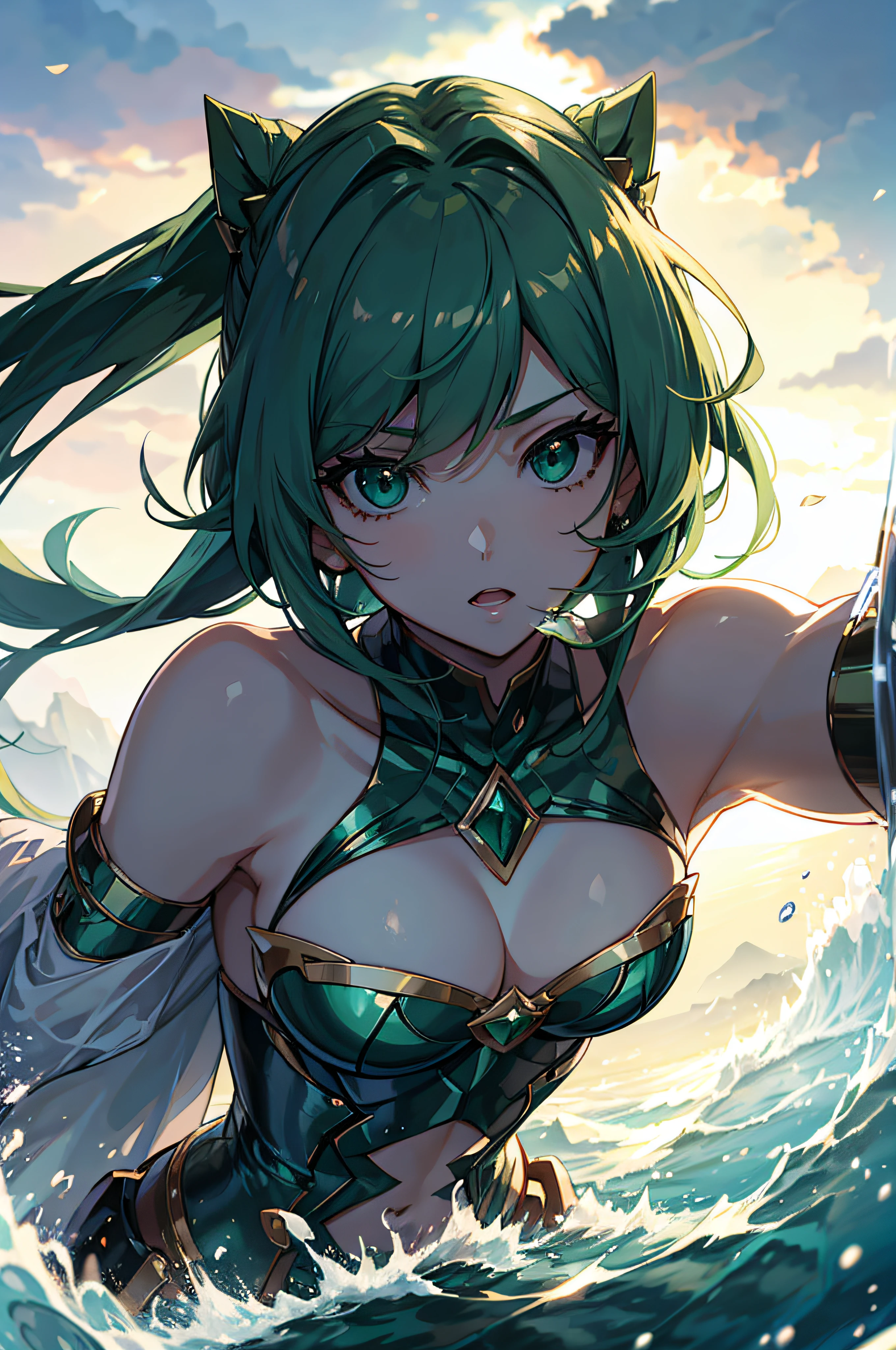 Anime Girl, Mercenary, emerald hairs, shine big green eyes, 4k, ultra high quality, masterpiece, perfect body, beautiful face, best quality