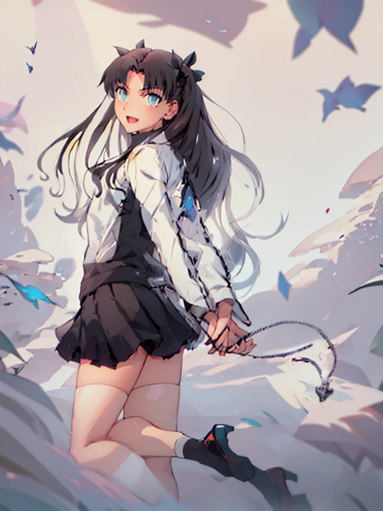 ​masterpiece, top-quality,1girl in, tohsaka-rin, 独奏, The long-haired, thighs thighs thighs thighs, Black skirt, blue eyess, twosideup, A dark-haired, Black stockings, Red Turtleneck Shirt