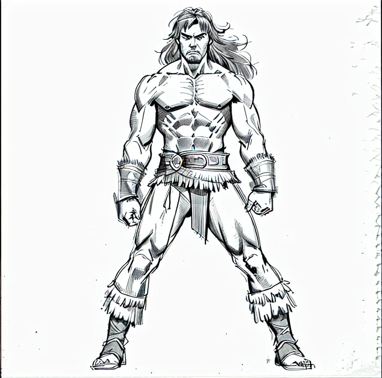 human old male, conan the barbarian, ((solo)), grayscale, monochrome, no background_with a pure white background, simple background, black and white art sketch