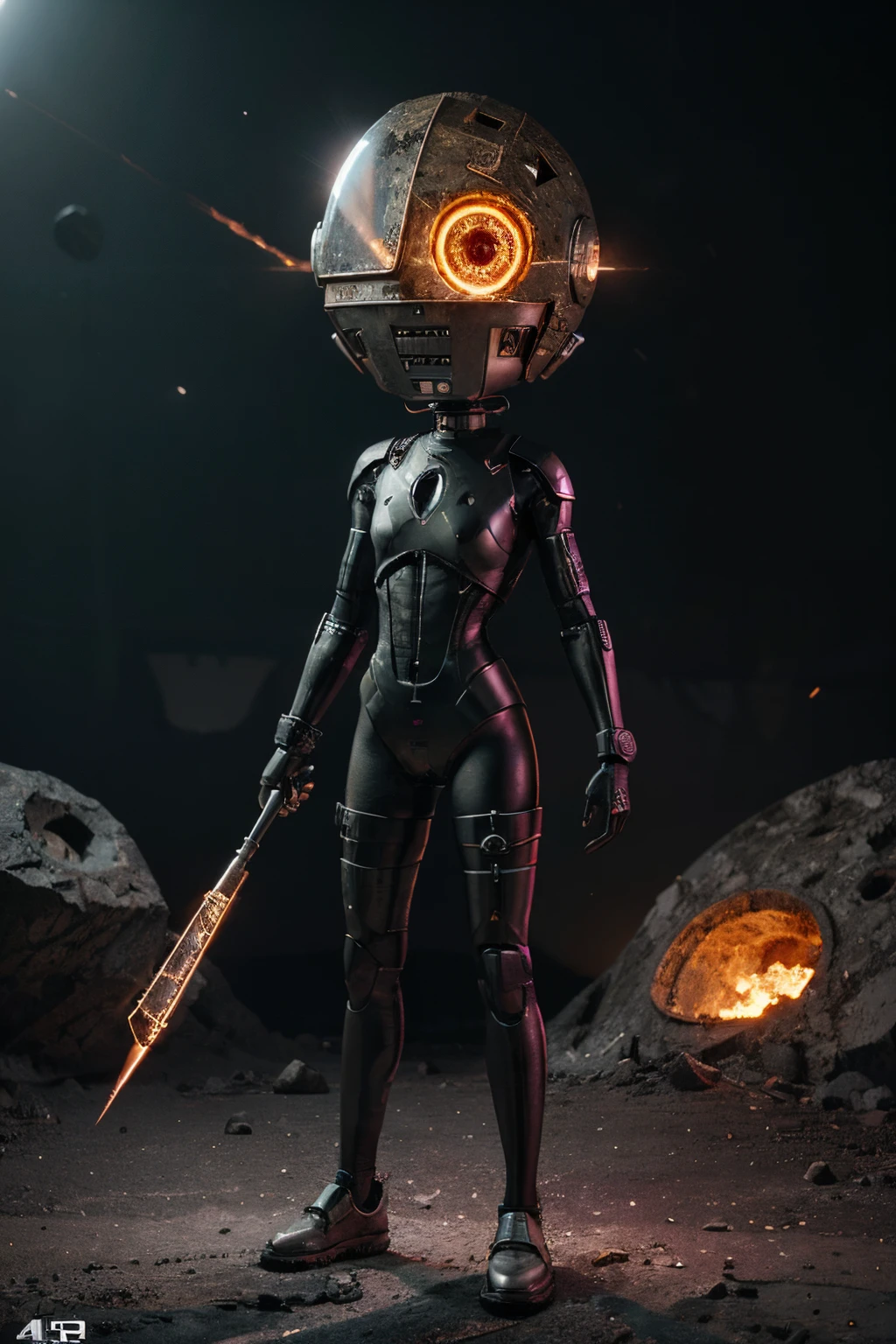 A Modern flat toon Crazy whit a Big ONE a Only Eye Robot and helmet Style, tongs in hands, Tv head, pinhead, camouflage PINK Rusty, Ambient in a meteorite crater super detailed, center, beautiful, soft lighting, focused on the character, 4K resolution, photorealistic rendering,
