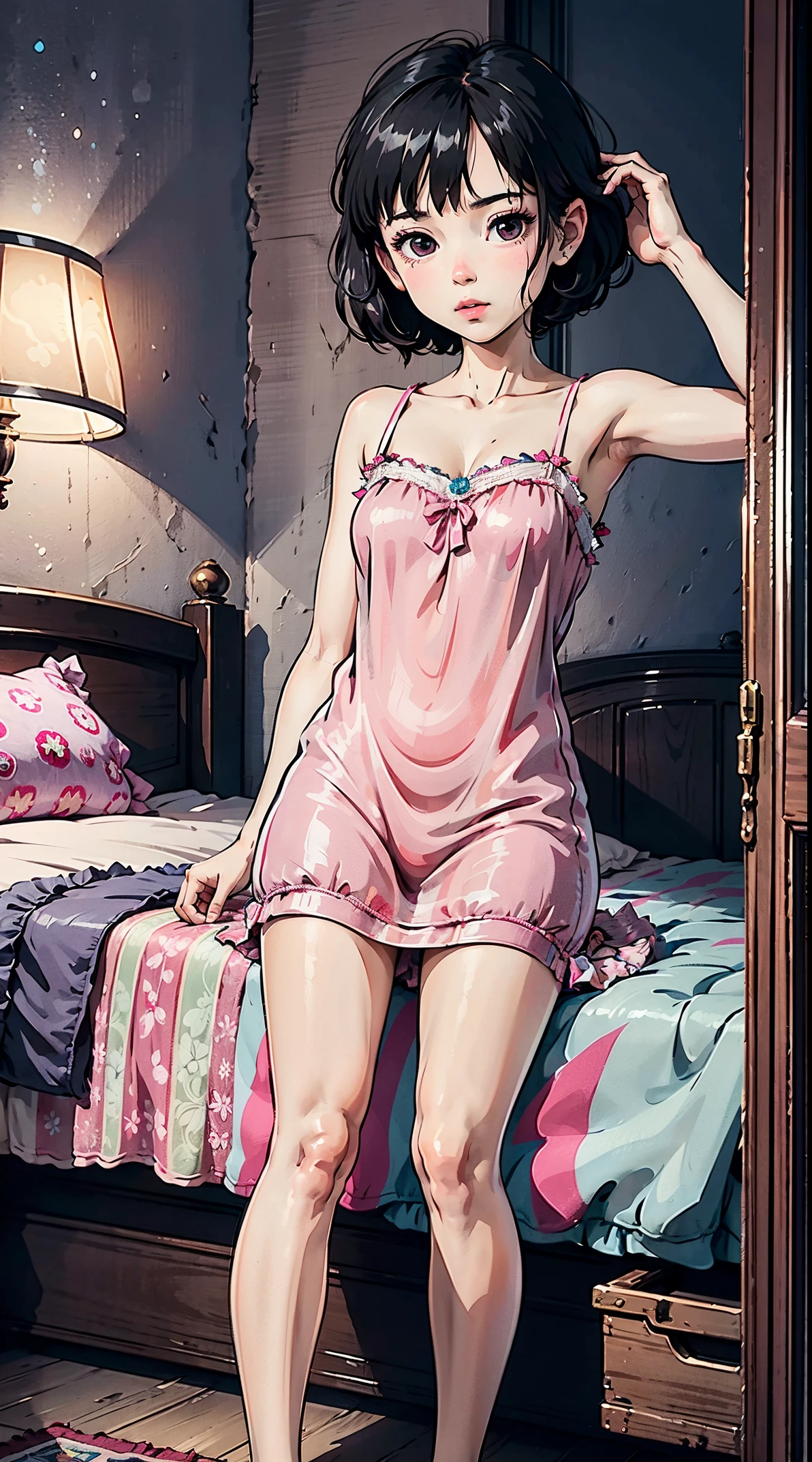 masterpiece, best quality, 8K, UHD, ultra detailed, black short hair, beatiful eyes, black eyes, sexy pose,  girl, sleeping in her room wearing a pink nightgown, showing pussy