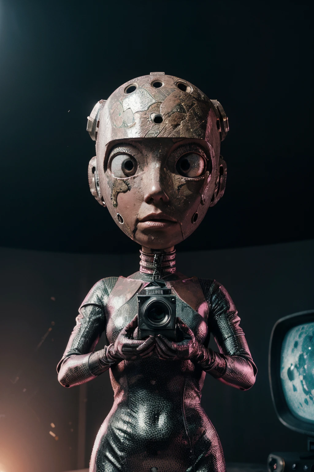 A Modern flat toon Crazy whit a Big ONE a Only Eye Robot and helmet Style, tongs in hands, Tv head, pinhead, camouflage PINK Rusty, Ambient in a meteorite crater super detailed, center, beautiful, soft lighting, focused on the character, 4K resolution, photorealistic rendering,