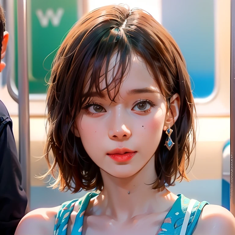 (Masterpiece, best quality, extreme close up shot, shot from below, 100mm lens) , (crowded subway train:1.4), extremely high detail, young boy 1 grab lap of woman, wearing summer beach ootd, (ambient lighting, under exposure:1.8, UHD, 8K)