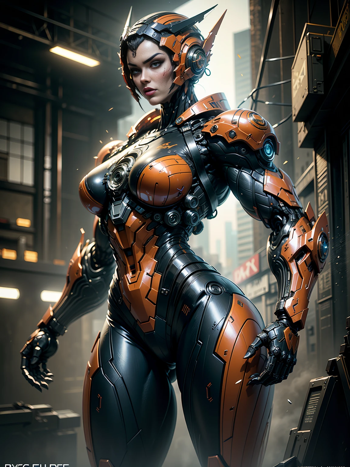 (megan fox), Cinematic, hyper-detailed, black muscles with neon veins, perfect muscular anatomy of a bald super muscular female android girl. Beautiful color grading, enhancing the overall cinematic feel. Unreal Engine renders her anatomic cybernetic muscle suit to life; mesmerizing. With depth of field (DOF), every detail is focused and accentuated, drawing attention to her eyes and the intricate design of the anatomic cybernetic muscle suit . Max image resolution, using super-resolution technology to ensure pixel perfection. Cinematic lighting enhances her aura, while anti-aliasing techniques like FXAA and TXAA keep the edges smooth and clean. Realistic raytracing with RTX technology for perfect rendering of the anatomic cybernetic muscle suit. Additionally, SSAO (Screen Space Ambient Occlusion) gives depth and realism to the scene, the girl's anatomic cybernetic muscle suit become even more realistic. In the post-processing and post-production stages, tone mapping enhancement creates a captivating visual experience. The integration of CGI (Computer-Generated Imagery) and VFX (Visual Effect brings out the anatomic cybernetic muscle suit's intricate features seamlessly. Incredible detail with, with intricate hyper maximalist and hyper-realistic elements meticulously crafted into the artwork. Volumetric effects add depth and dimension, with unparalleled photorealism. 8K image resolution render, ensuring super-detailed visuals. The volumetric lightning adds a touch of magic, highlighting her beauty and the aura of her anatomic cybernetic muscle suit in an otherworldly way. High Dynamic Range (HDR) technology makes the colors pop, adding richness to the overall composition. Ultimately, this artwork presents an unreal portrayal of a super muscled cybernetic female android
