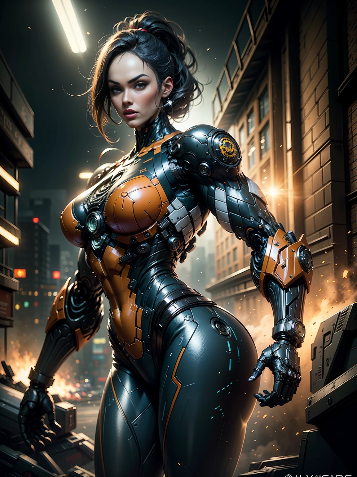 (megan fox), Cinematic, hyper-detailed, black muscles with neon veins, perfect muscular ??????? of a bald super muscular female android girl. Beautiful color grading, enhancing the overall cinematic feel. Unreal Engine renders her anatomic cybernetic muscle suit to life; mesmerizing. With depth of field (DOF), every detail is focused and accentuated, drawing attention to her eyes and the intricate design of the anatomic cybernetic muscle suit . Max image resolution, using super-resolution technology to ensure pixel perfection. Cinematic lighting enhances her aura, while anti-aliasing techniques like FXAA and TXAA keep the edges smooth and clean. Realistic raytracing with RTX technology for perfect rendering of the anatomic cybernetic muscle suit. Additionally, SSAO (Screen Space Ambient Occlusion) gives depth and realism to the scene, the girl's anatomic cybernetic muscle suit become even more realistic. In the post-processing and post-production stages, tone mapping enhancement creates a captivating visual experience. The integration of CGI (Computer-Generated Imagery) and VFX (Visual Effect brings out the anatomic cybernetic muscle suit's intricate features seamlessly. Incredible detail with, with intricate hyper maximalist and hyper-realistic elements meticulously crafted into the artwork. Volumetric effects add depth and dimension, with unparalleled photorealism. 8K image resolution render, ensuring super-detailed visuals. The volumetric lightning adds a touch of magic, highlighting her beauty and the aura of her anatomic cybernetic muscle suit in an otherworldly way. High Dynamic Range (HDR) technology makes the colors pop, adding richness to the overall composition. Ultimately, this artwork presents an unreal portrayal of a super muscled cybernetic female android