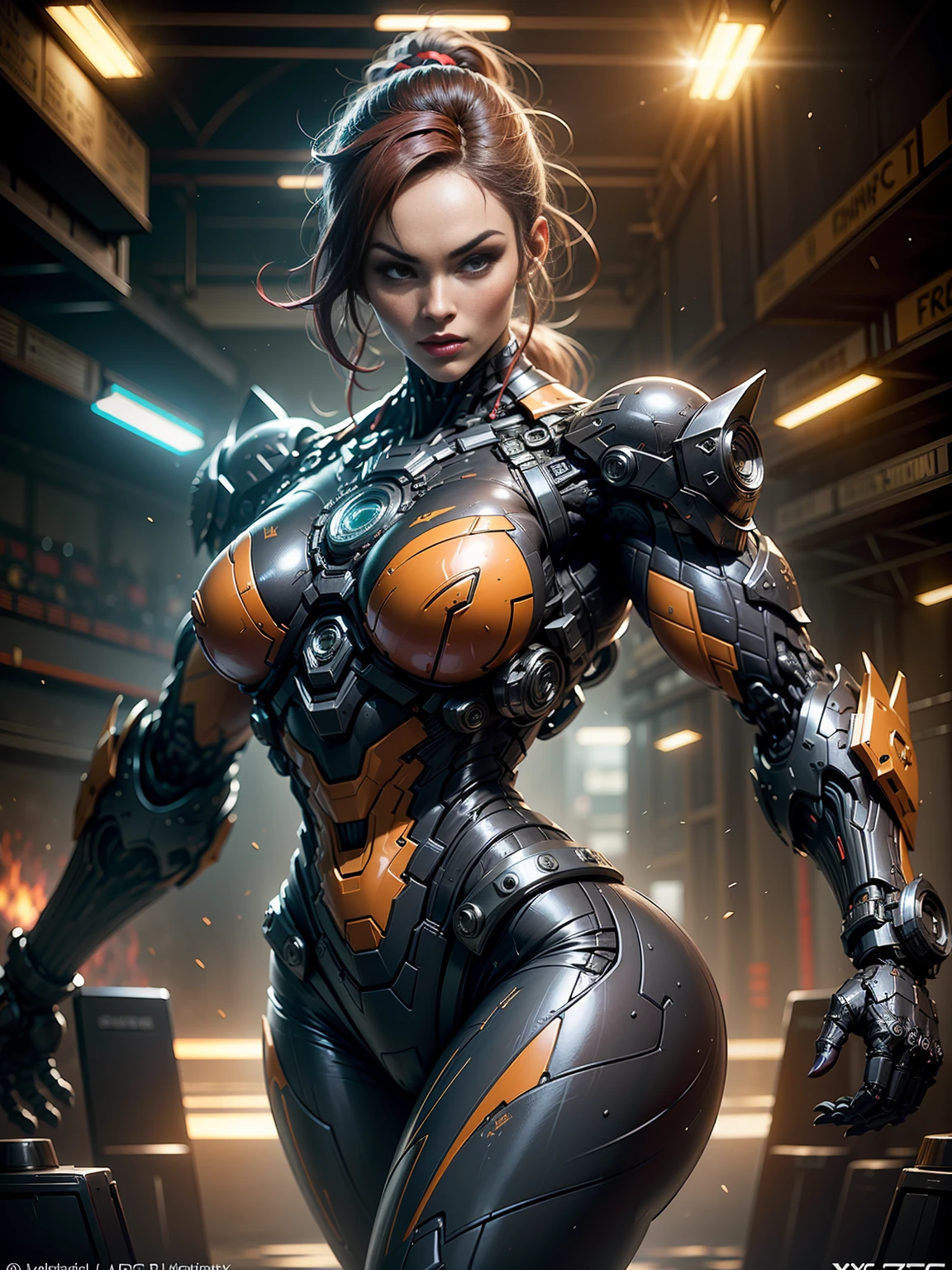 Cinematic, hyper-detailed, and insanely detailed, this artwork captures the essence of a bald hairless muscular female android girl. Beautiful color grading, enhancing the overall cinematic feel. Unreal Engine brings her anatomic cybernetic muscle suit to life, appearing even more mesmerizing. With the use of depth of field (DOF), every detail is focused and accentuated, drawing attention to her eyes and the intricate design of the anatomic cybernetic muscle suit . The image resolution is at its peak, utilizing super-resolution technology to ensure every pixel is perfect. Cinematic lighting enhances her aura, while anti-aliasing techniques like FXAA and TXAA keep the edges smooth and clean. Adding realism to the anatomic cybernetic muscle suit, RTX technology enables ray tracing. Additionally, SSAO (Screen Space Ambient Occlusion) gives depth and realism to the scene, the girl's anatomic cybernetic muscle suit become even more convincing. In the post-processing and post-production stages, tone mapping enhances the colors, creating a captivating visual experience. The integration of CGI (Computer-Generated Imagery) and VFX (Visual Effect brings out the anatomic cybernetic muscle suit's intricate features in a seamless manner. SFX (Sound Effects) complement the visual artistry, immersing the viewer further into this fantastic world. The level of detail is awe-inspiring, with intricate elements meticulously crafted, the artwork hyper maximalist and hyper-realistic. Volumetric effects add depth and dimension, and the photorealism is unparalleled. The image is rendered in 8K resolution, ensuring super-detailed visuals. The volumetric lightning adds a touch of magic, highlighting her beauty and the aura of her anatomic cybernetic muscle suit in an otherworldly way. High Dynamic Range (HDR) technology makes the colors pop, adding richness to the overall composition. Ultimately, this artwork presents an unreal portrayal of a super muscled cybernetic female android